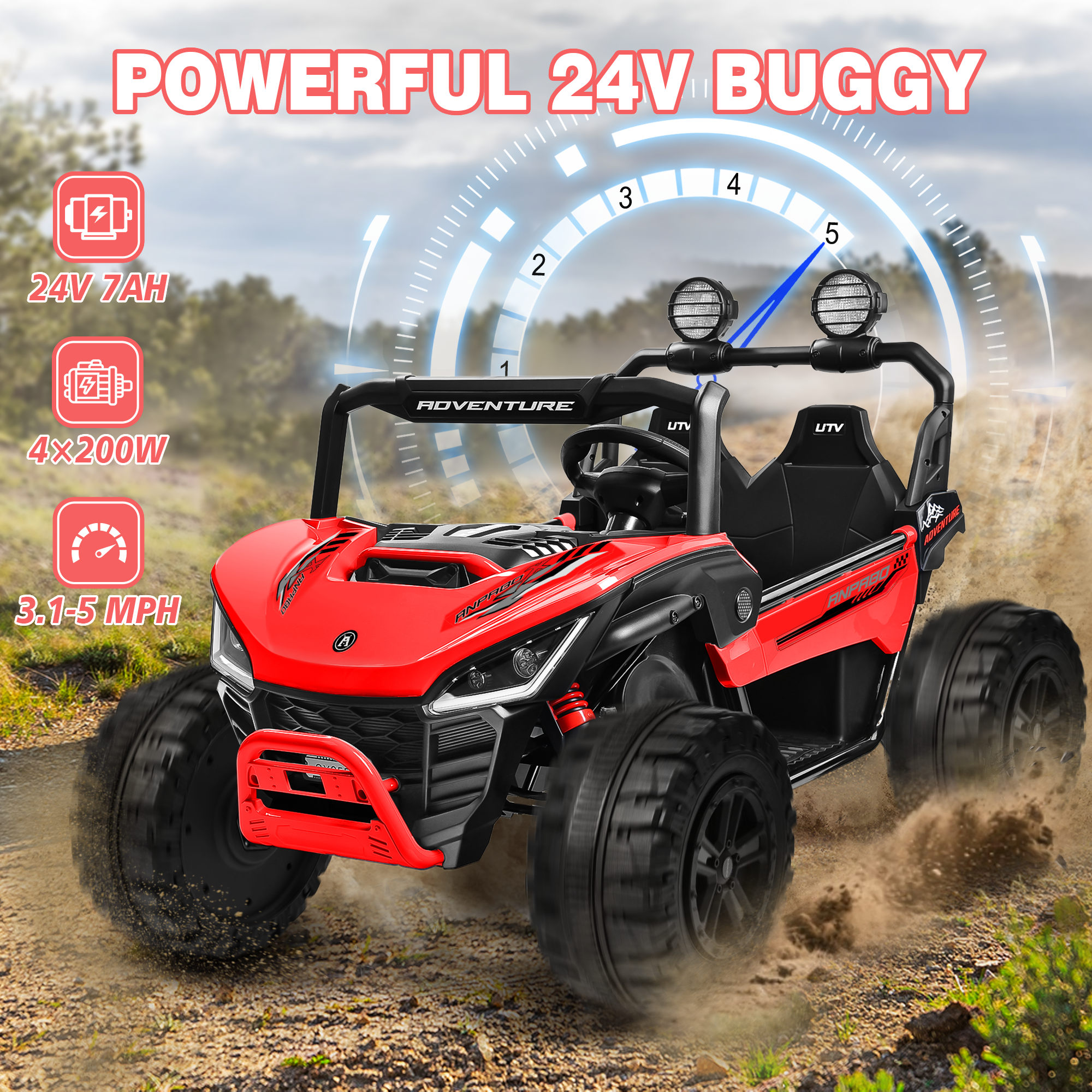 ANPABO All-Terrain 24V Ride-on Buggy UTV 4WD with Remote-red