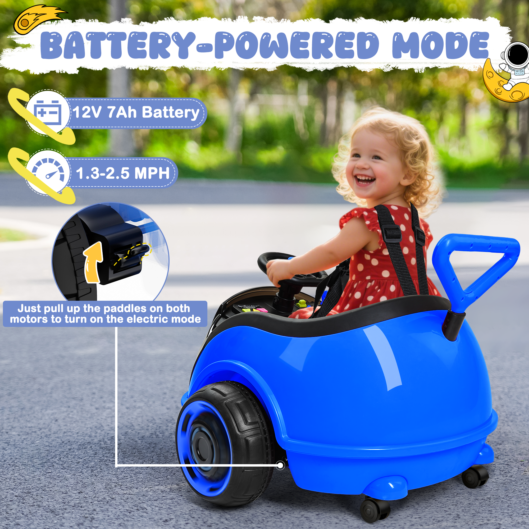 12V 3-in-1 Push Ride On Car with Adjustable Handle & Remote – Blue