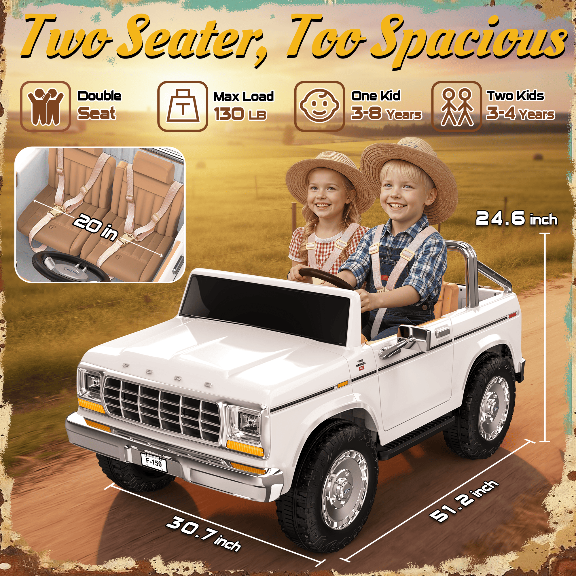 24V Classic Ford F-150: White Retro Legend, Ready for Dual Adventures-white