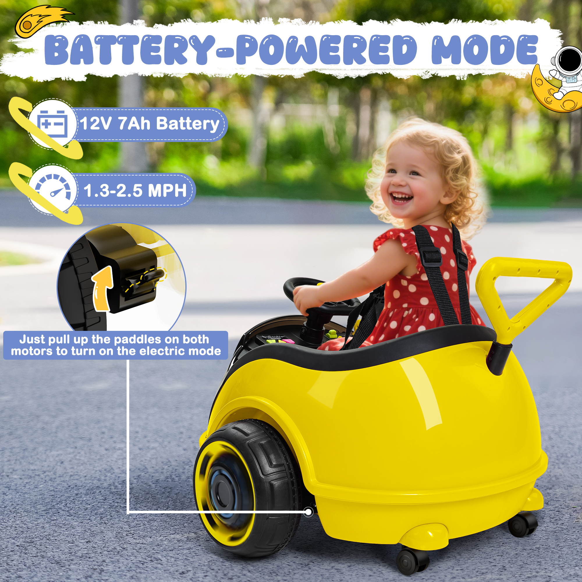 12V 3-in-1 Push Ride On with small LED Display-yellow（UPC:B0FR8N7X5H）