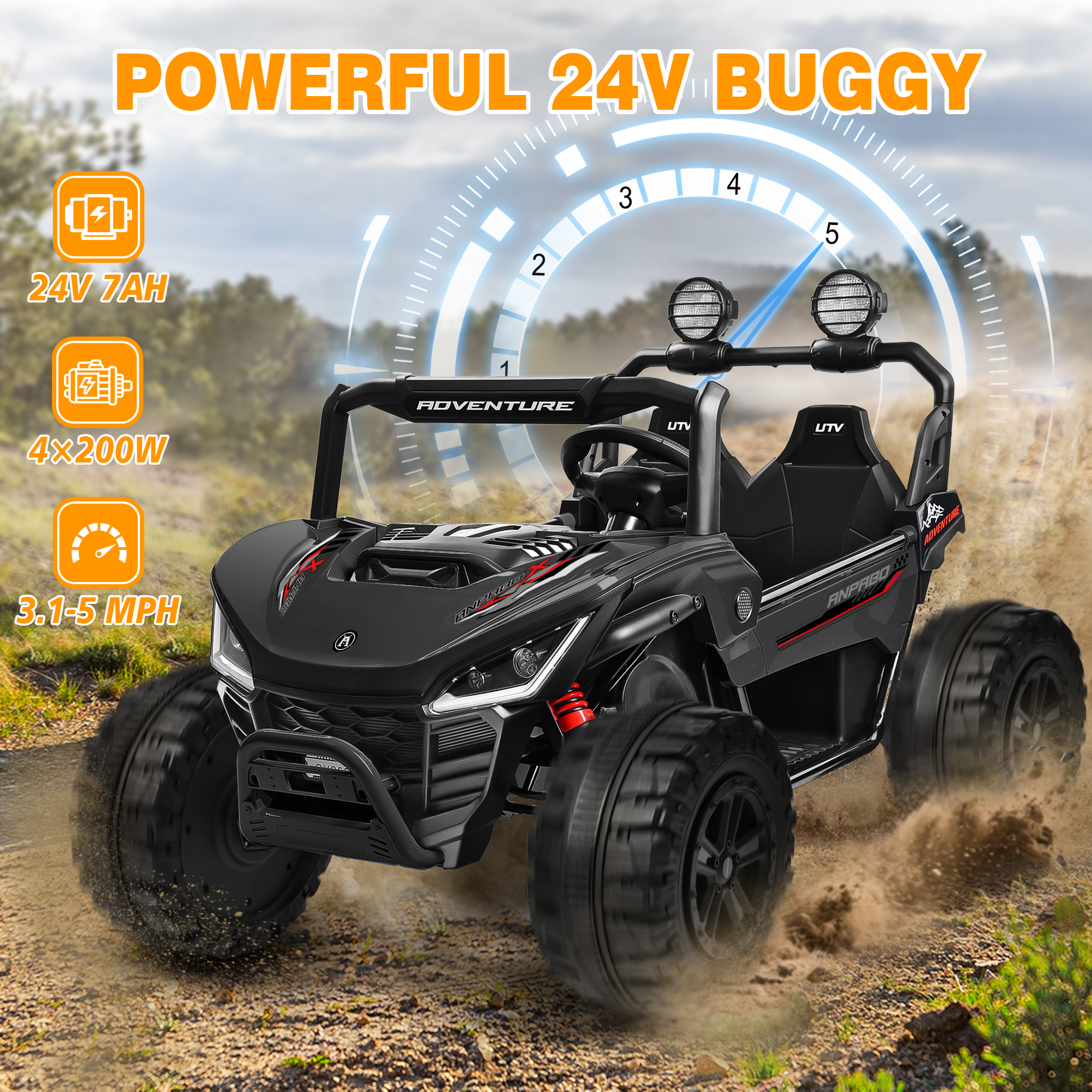 ANPABO All-Terrain 24V Ride-on Buggy UTV 4WD with Remote-black