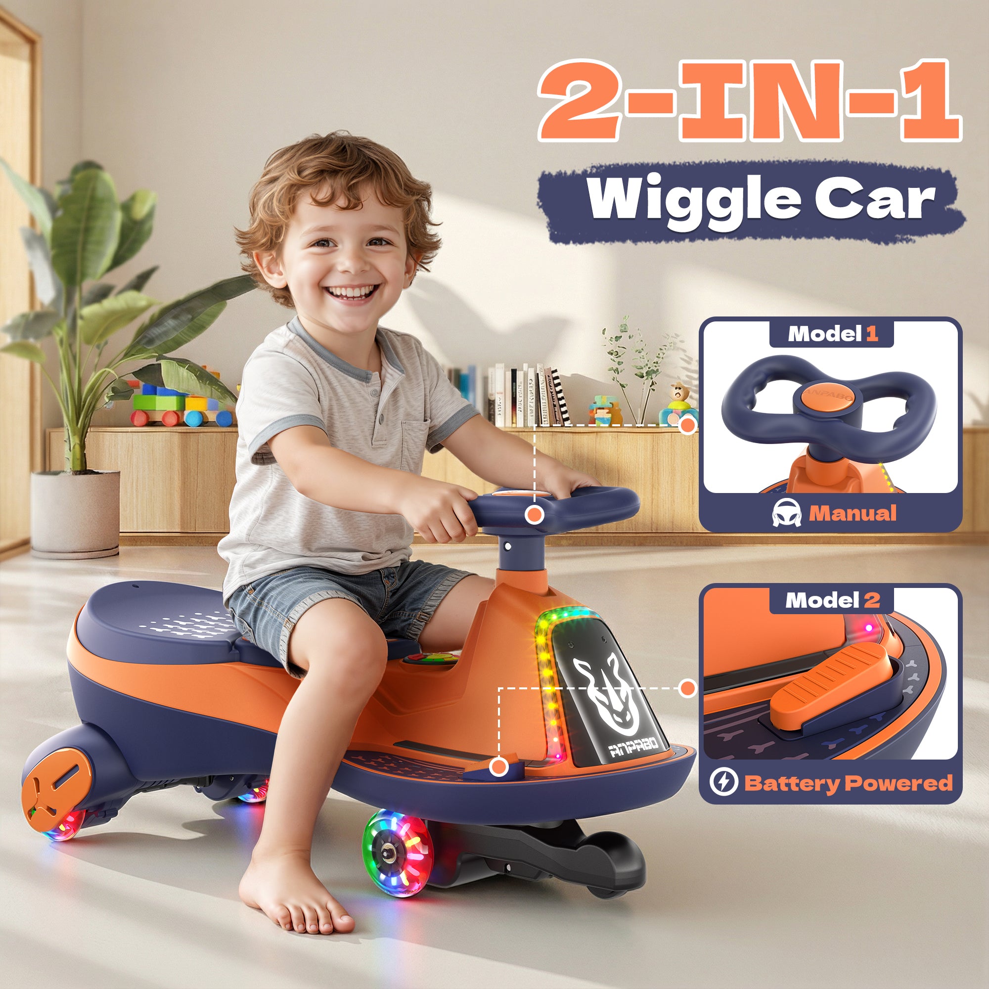 12V Electric Wiggle Car with 2x75W Motor & Music for Kids –  Orange