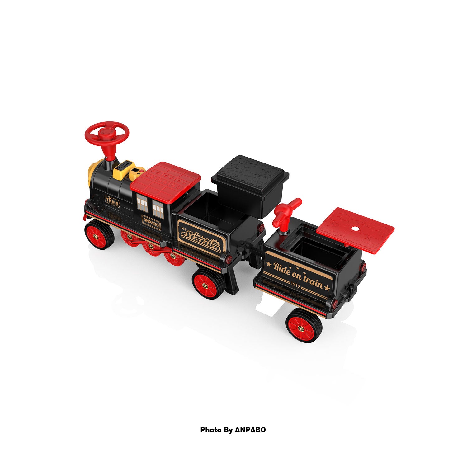 ANPABO 12V Trackless Ride-On Train Set: Whistle, Light, & Storage-black