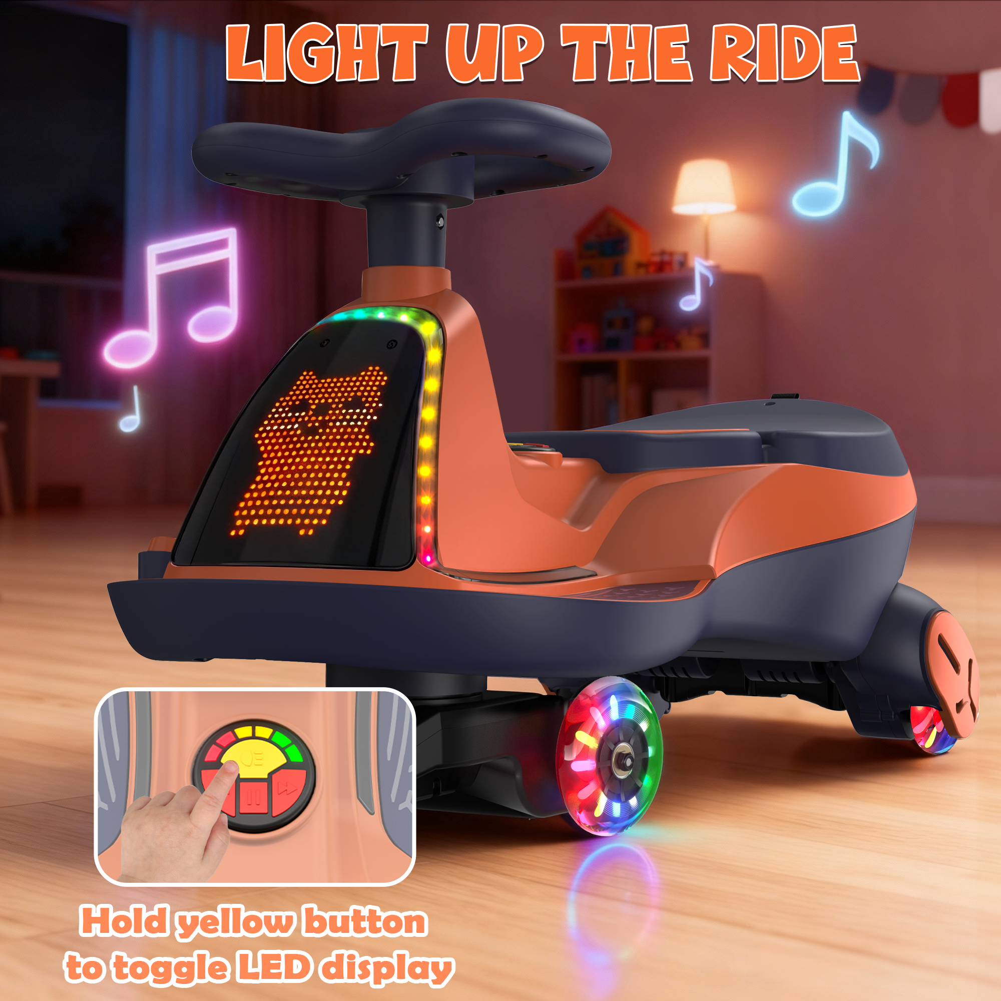 12V Electric Wiggle Car with LED Screen & Music for Kids-Orange
