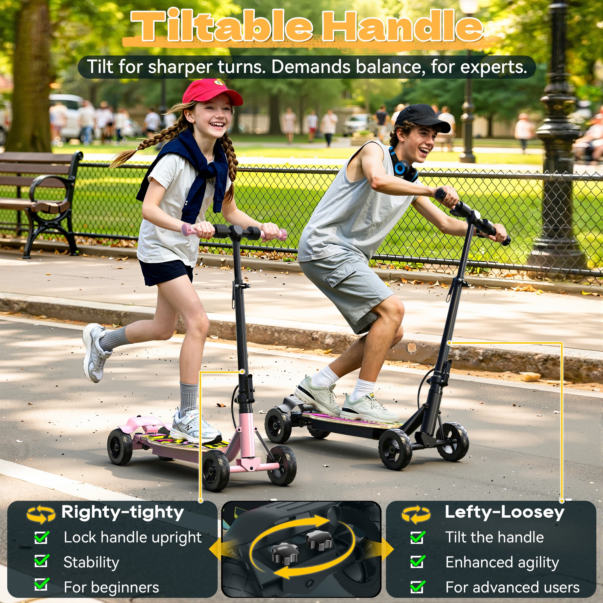 24V Safe 4-Wheel Scooter for kids - LED Light – black Line Pattern