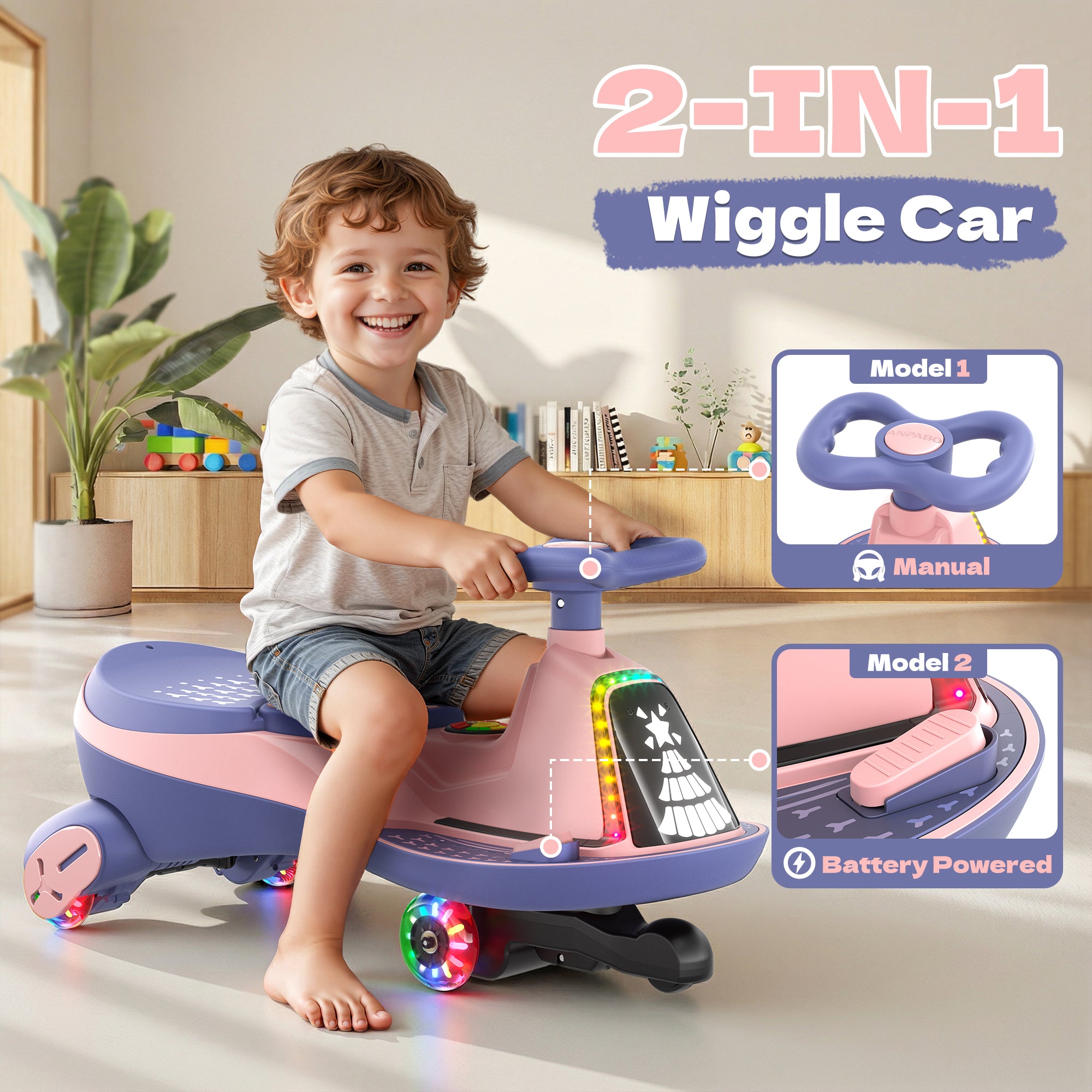 12V Electric Wiggle Car with 2x75W Motor & Music for Kids –  Pink