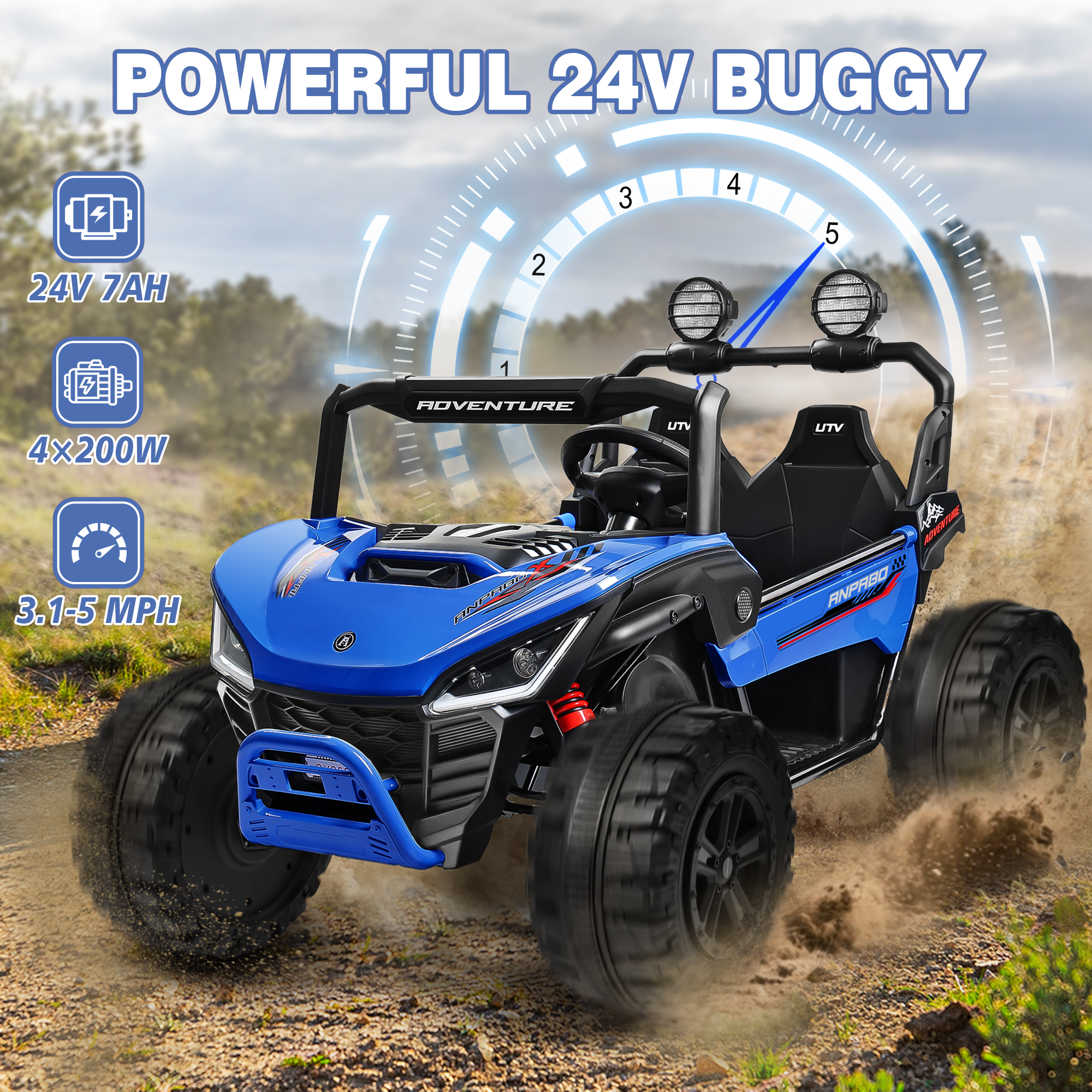 ANPABO All-Terrain 24V Ride-on Buggy UTV 4WD with Remote-blue