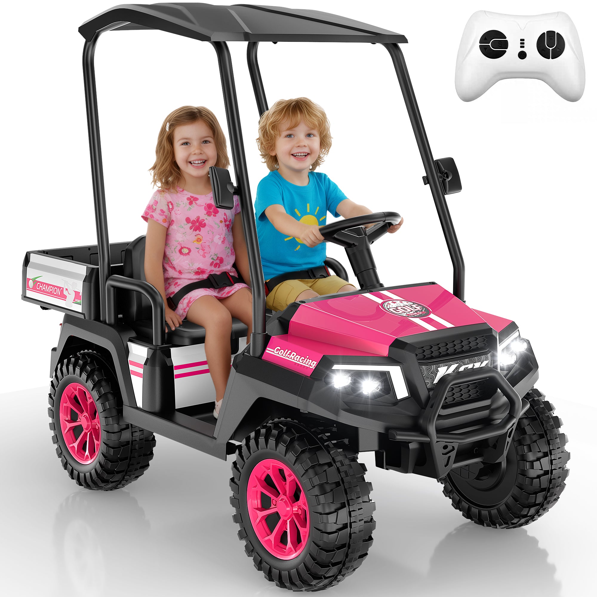 Kids 24V 4WD Ride-On Golf Cart with Awning-Rose Red