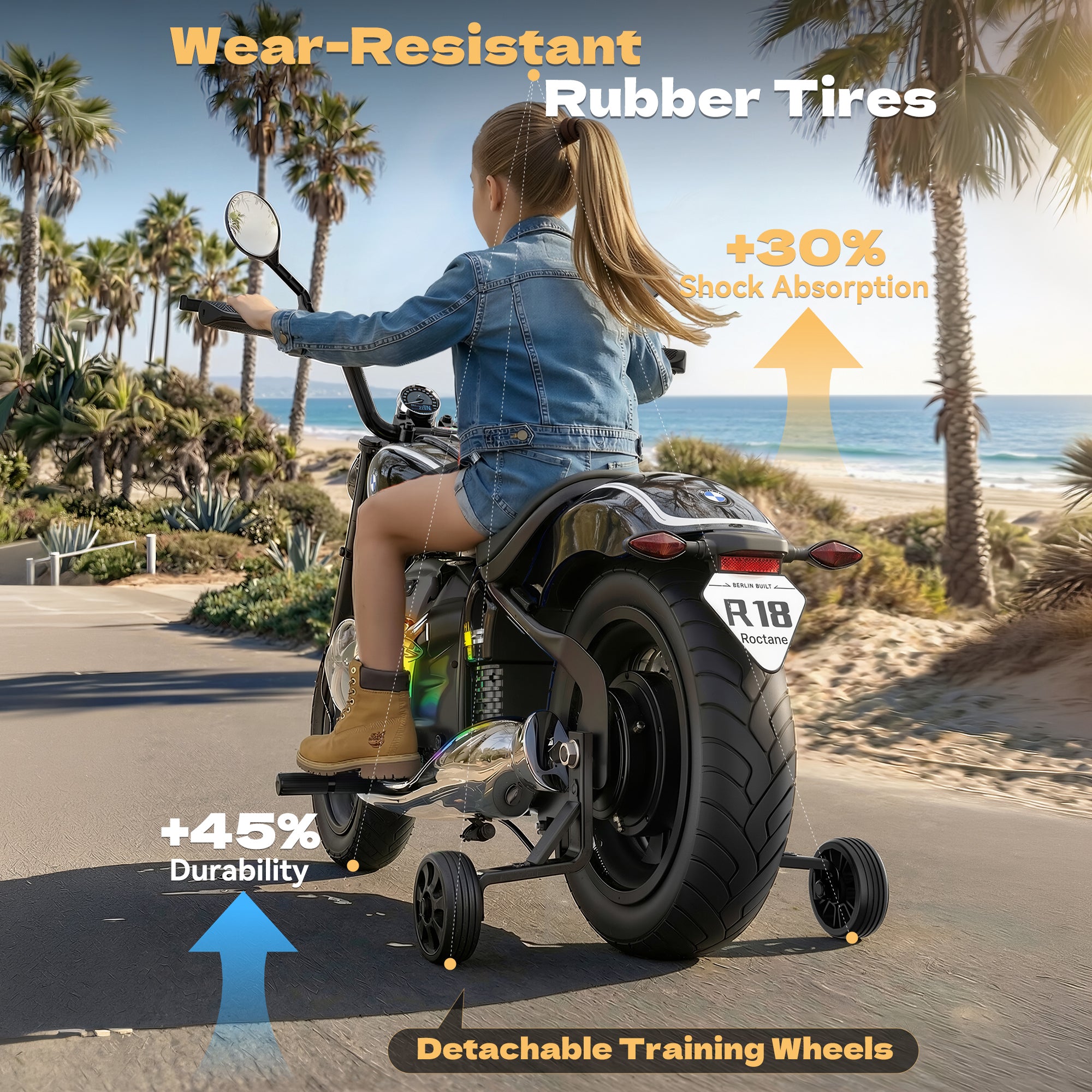 Anpabo 24V Kids Electric Motorcycle: Licensed BMW R18, 143 lbs Capacity, Dual Speed-black