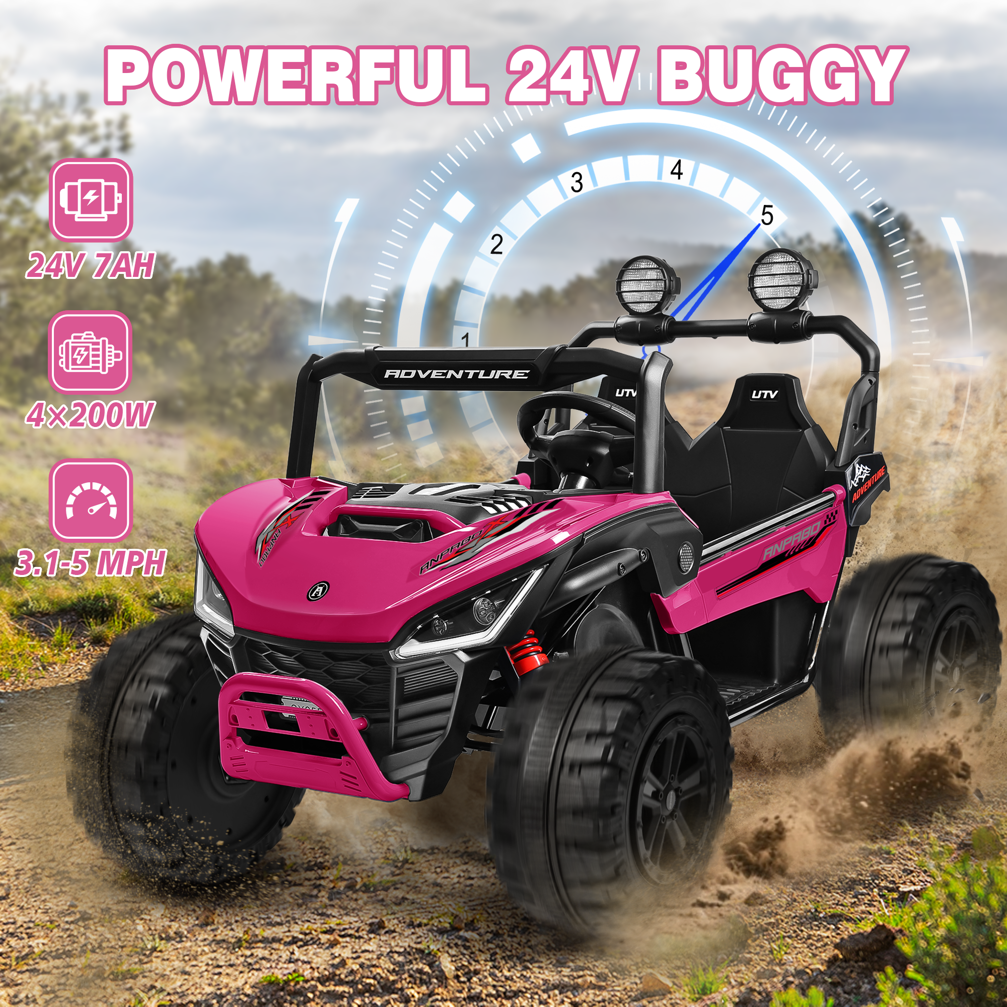 ANPABO All-Terrain 24V Ride-on Buggy UTV 4WD with Remote-Rose Red