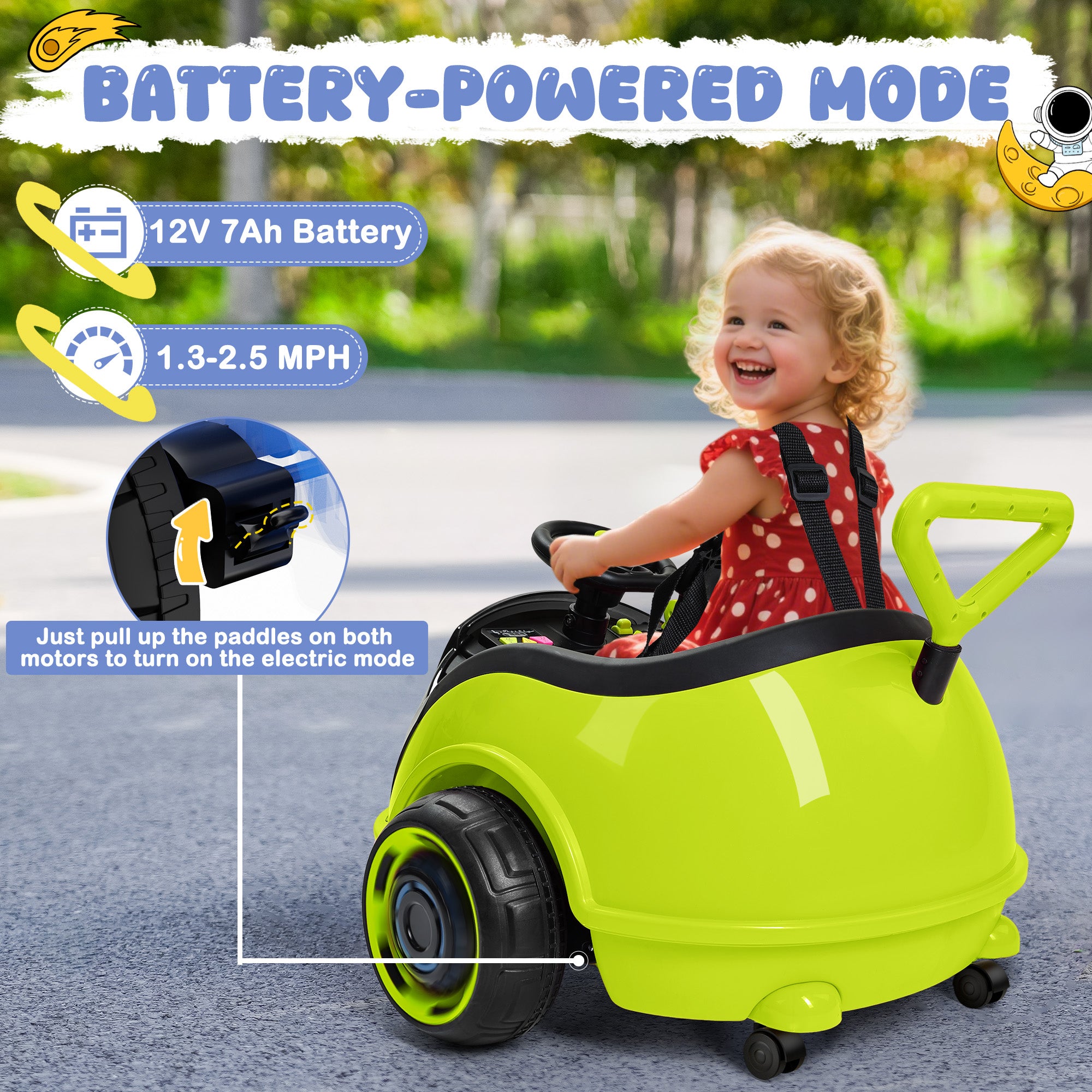 12V 3-in-1 Push Ride On Car with Adjustable Handle & Remote – Green
