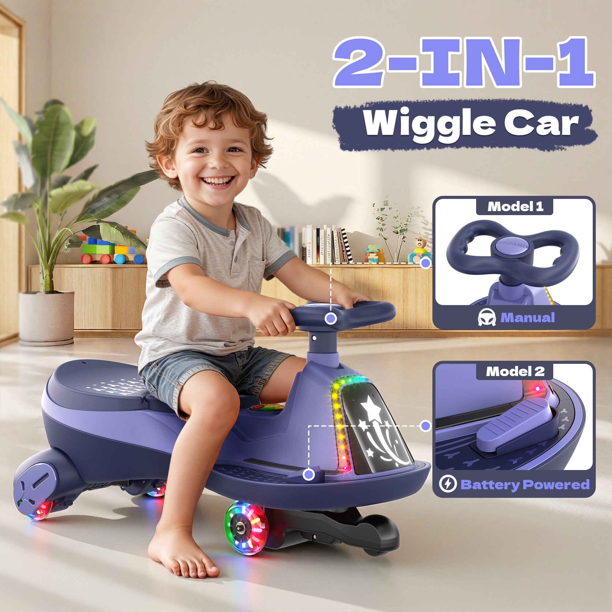 12V Electric Wiggle Car with 2x75W Motor & Music for Kids – Purple