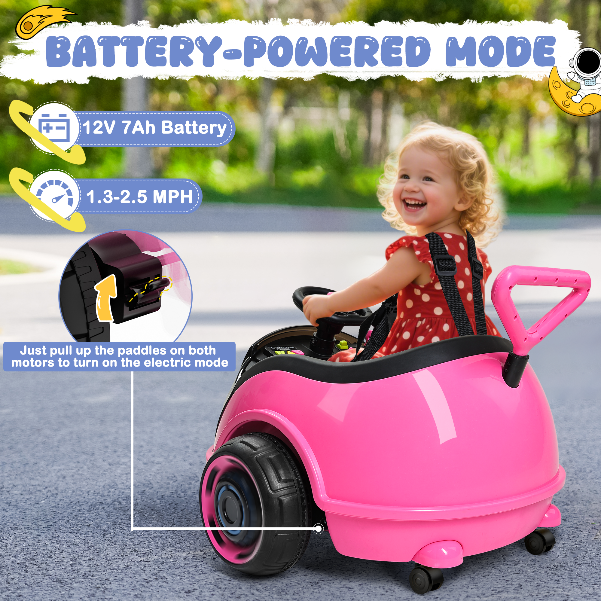 12V 3-in-1 Push Ride On with LED Display, Music & Remote – Pink