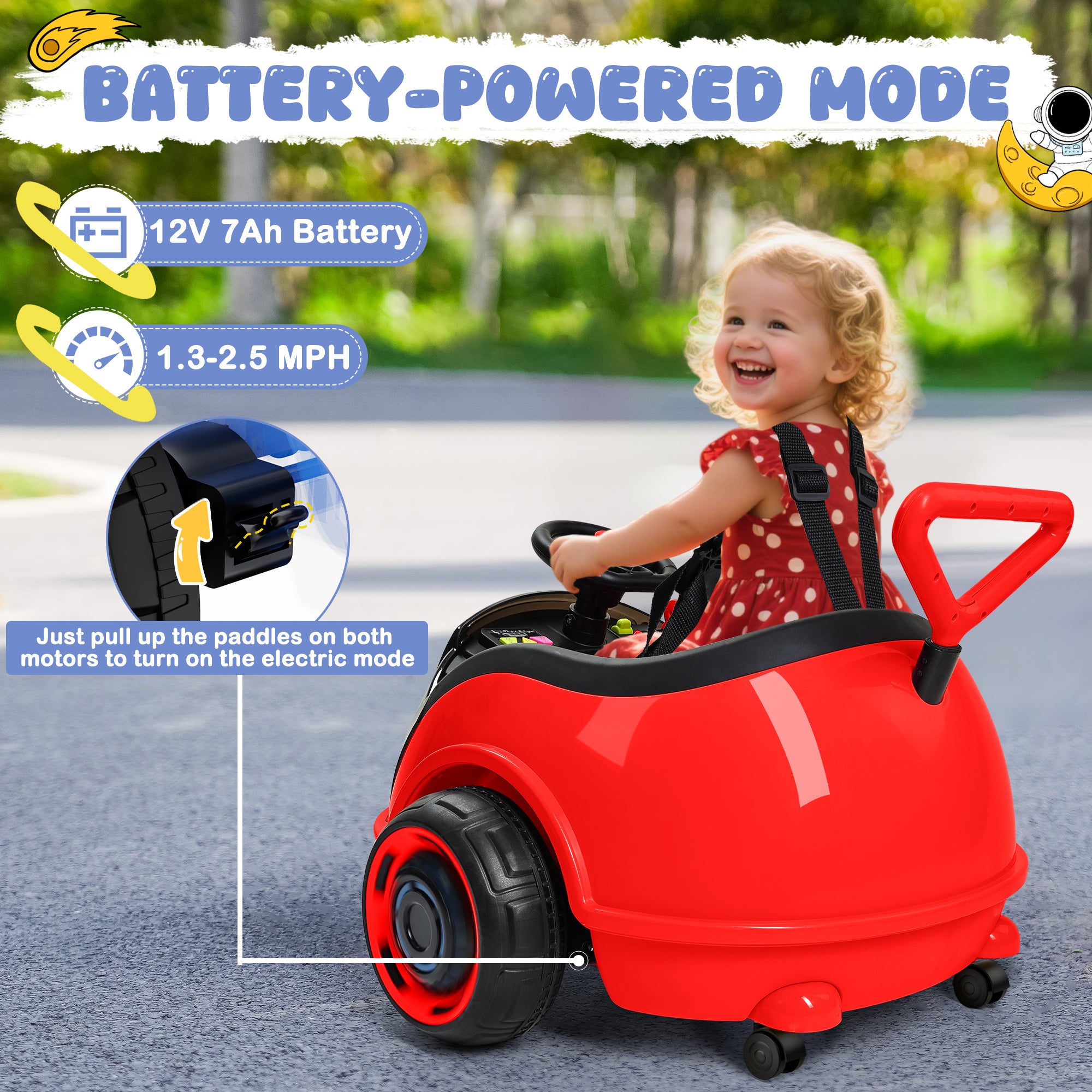 12V 3-in-1 Push Ride On Car with Adjustable Handle & Remote – Red