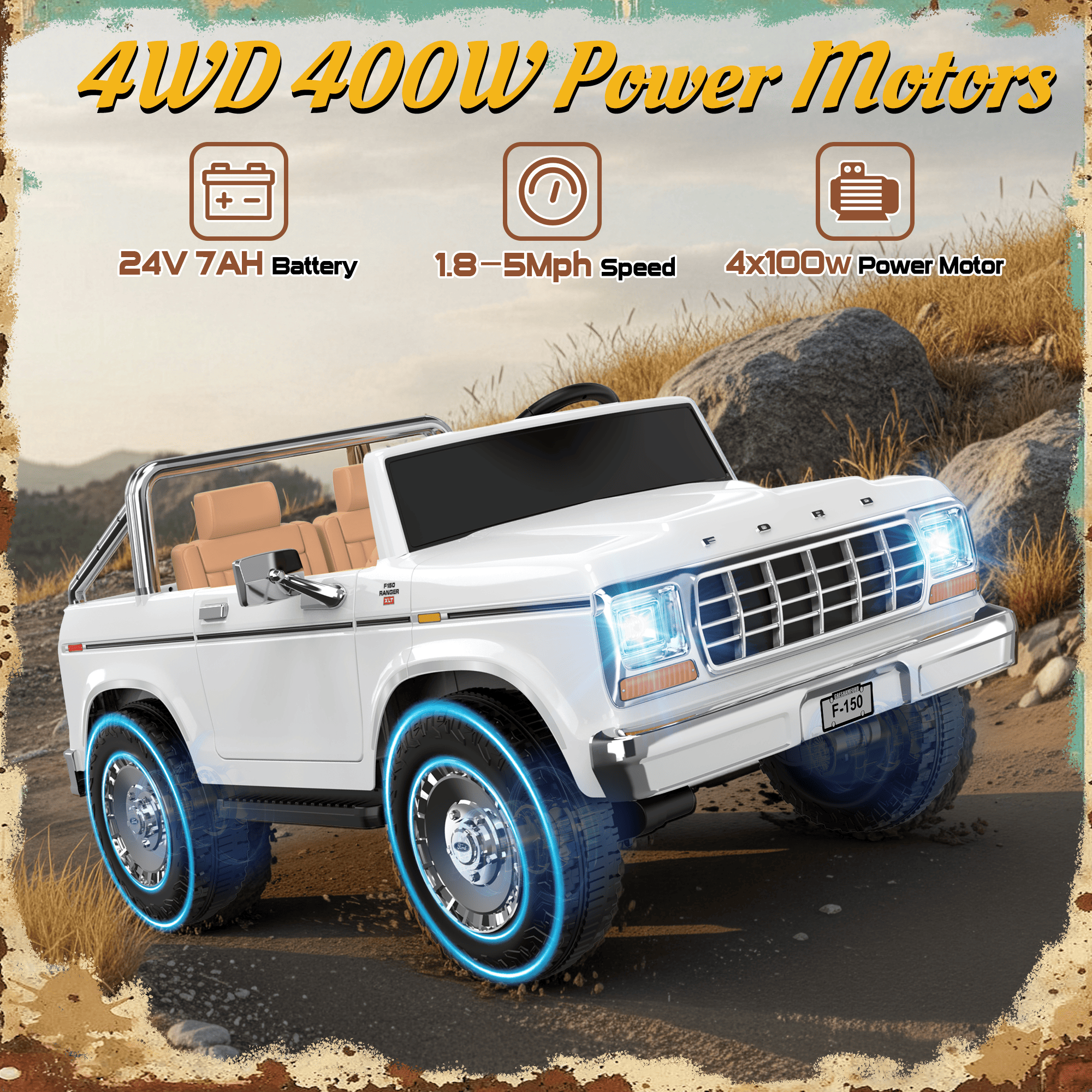 24V Classic Ford F-150: White Retro Legend, Ready for Dual Adventures-white