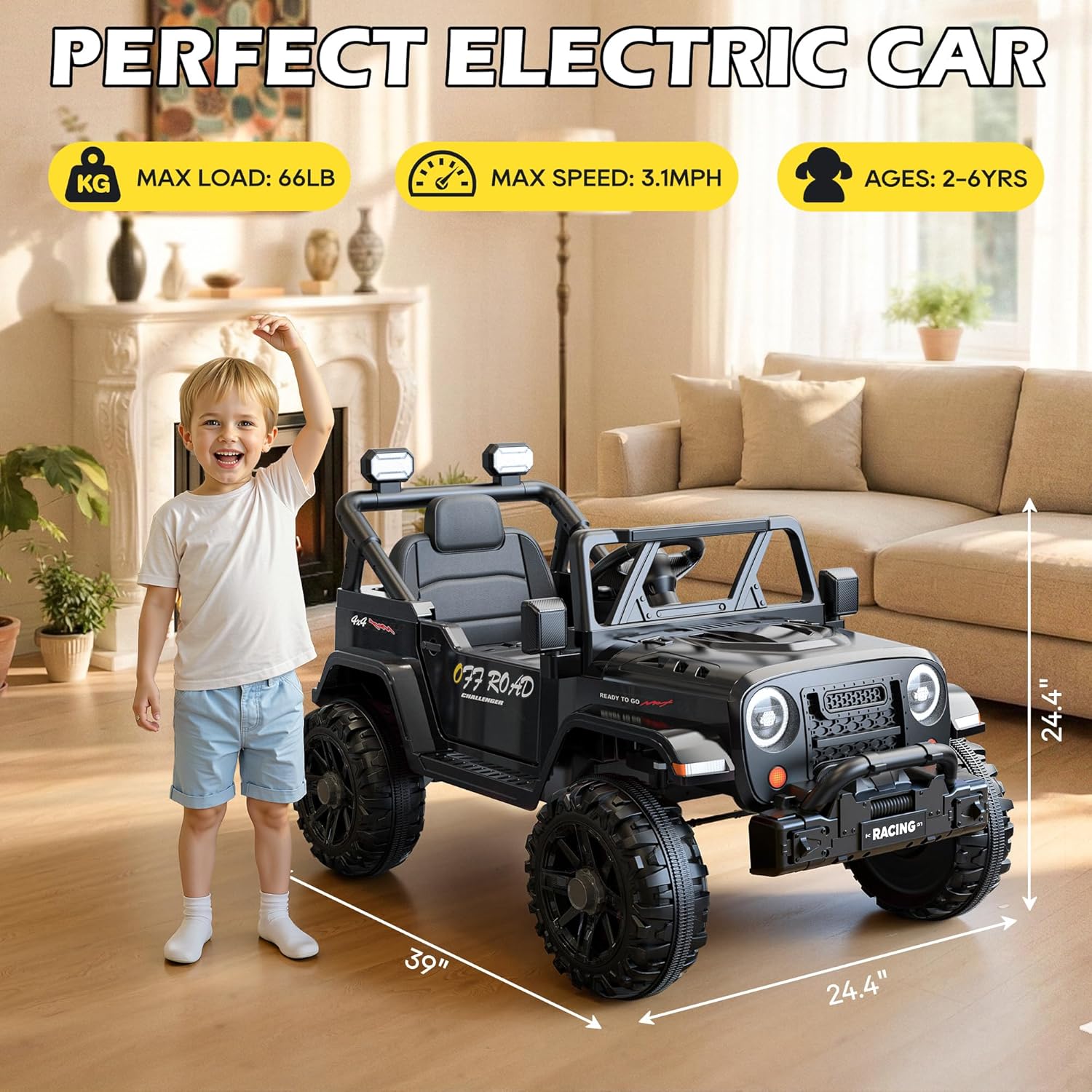 12V Kids Jeep Ride-On Car with RC, Bluetooth & LED Lights-black