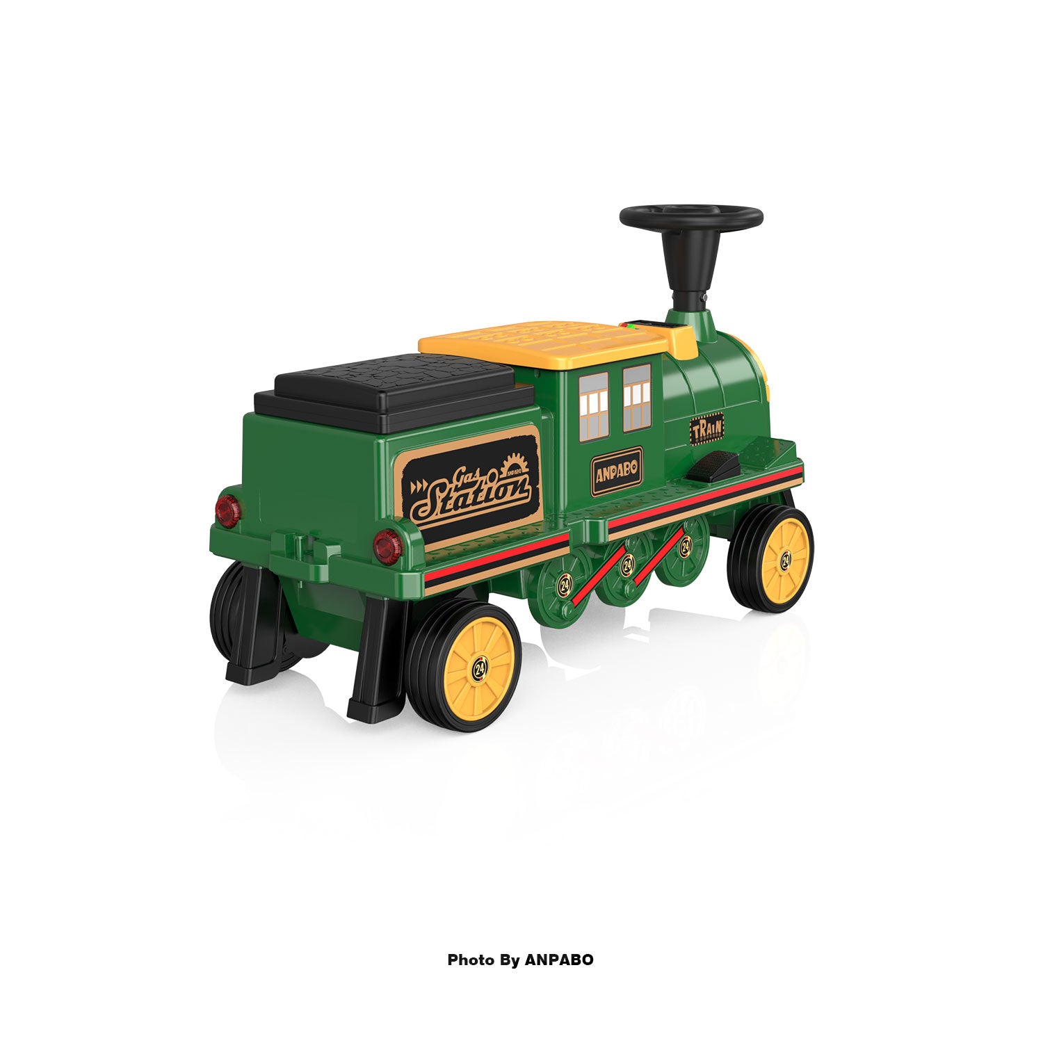 ANPABO 12V Kids Ride-On Train Locomotive–Trackless,2-Seater,Rubber Tires-green