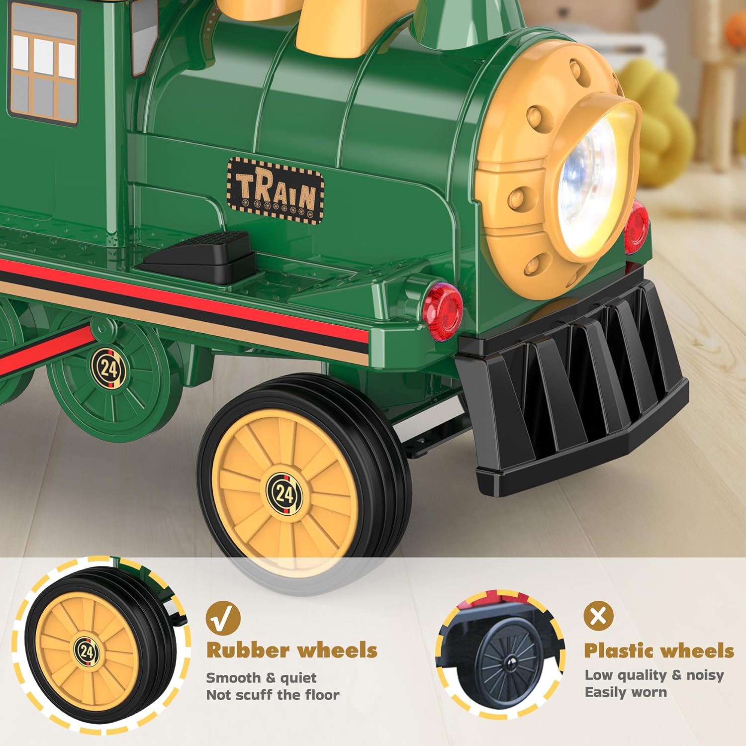 Trackless 12V Electric Ride-On Train 2-Seater with Rubber Tires – Green