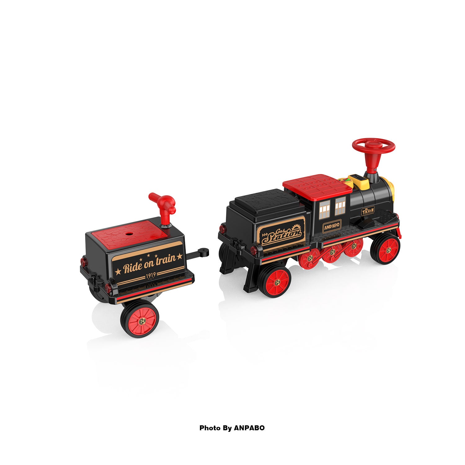 ANPABO 12V Trackless Ride-On Train Set: Whistle, Light, & Storage-black