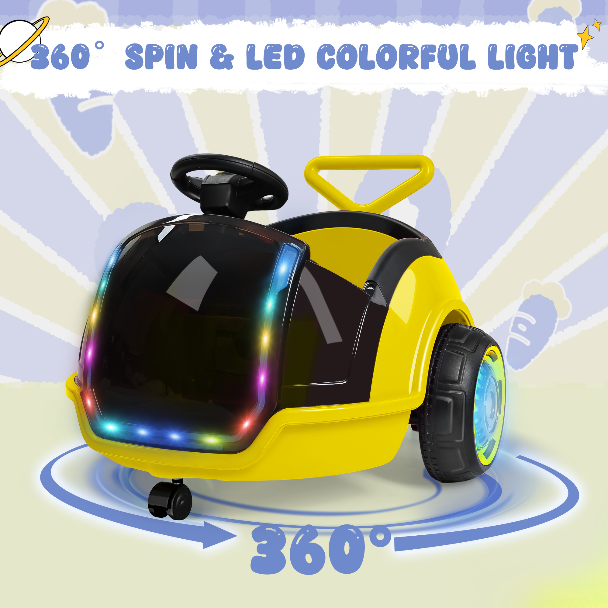 12V 3-in-1 Push Ride On Car with Adjustable Handle & Remote – Yellow