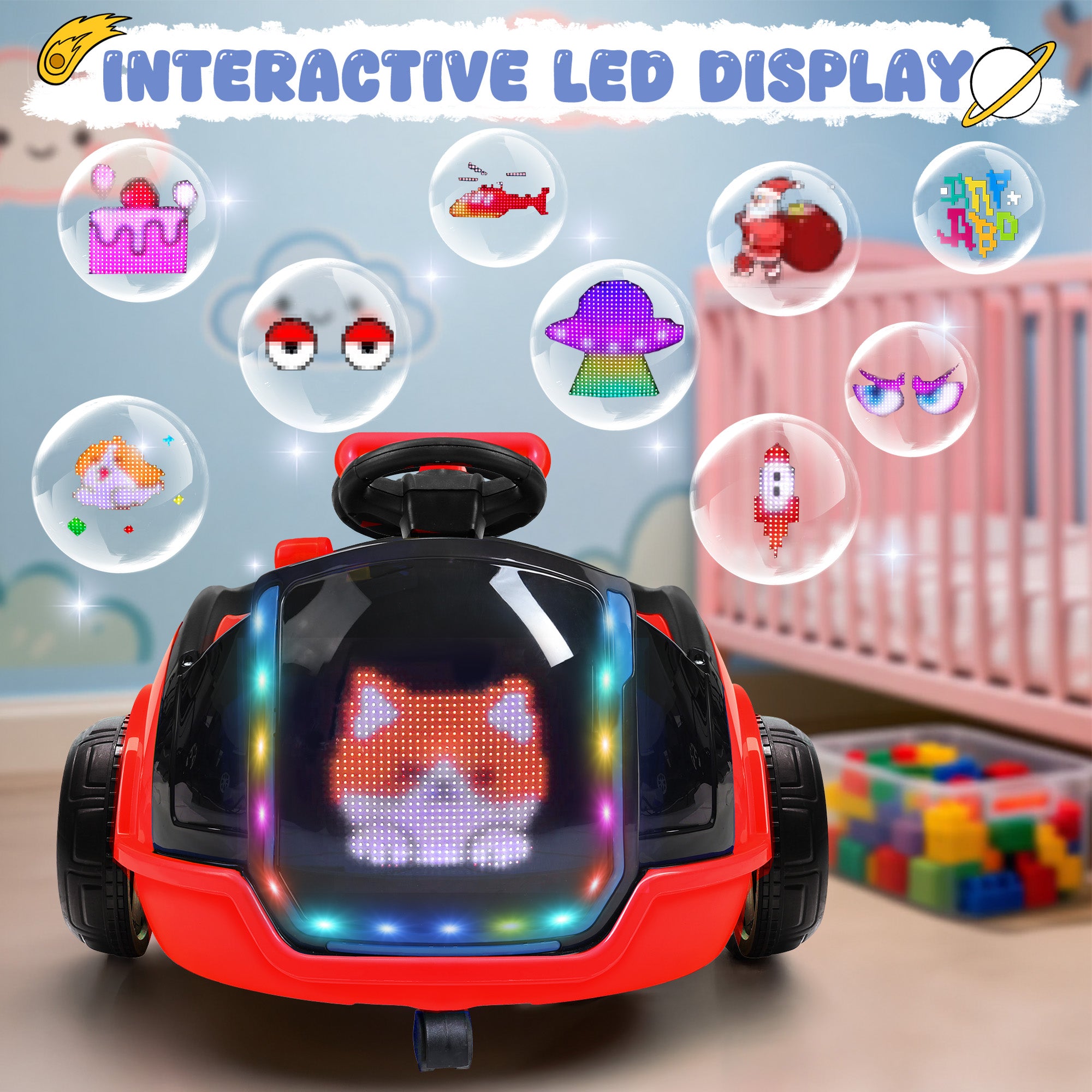 12V 3-in-1 Push Ride On with LED Display, Music & Remote –  Red