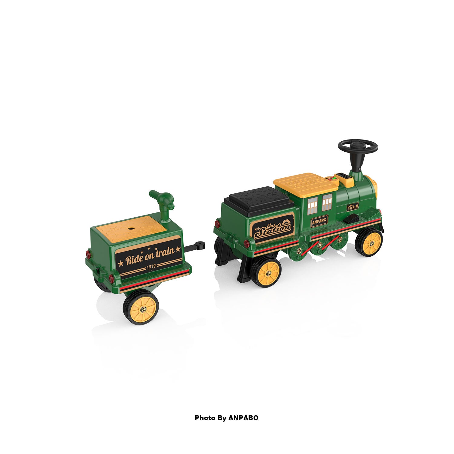 ANPABO 12V Trackless Ride-On Train Set: Whistle, Light, & Storage-green