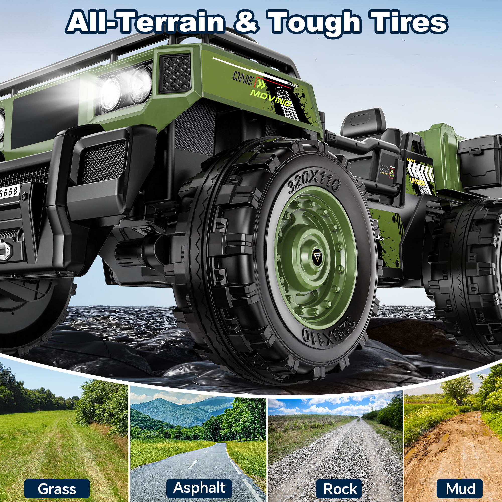 Anpabo 24V Kids Military Dumper: 4WD Auto-Lift Bed, 132 lbs Capacity, 2-Seater-Military Green