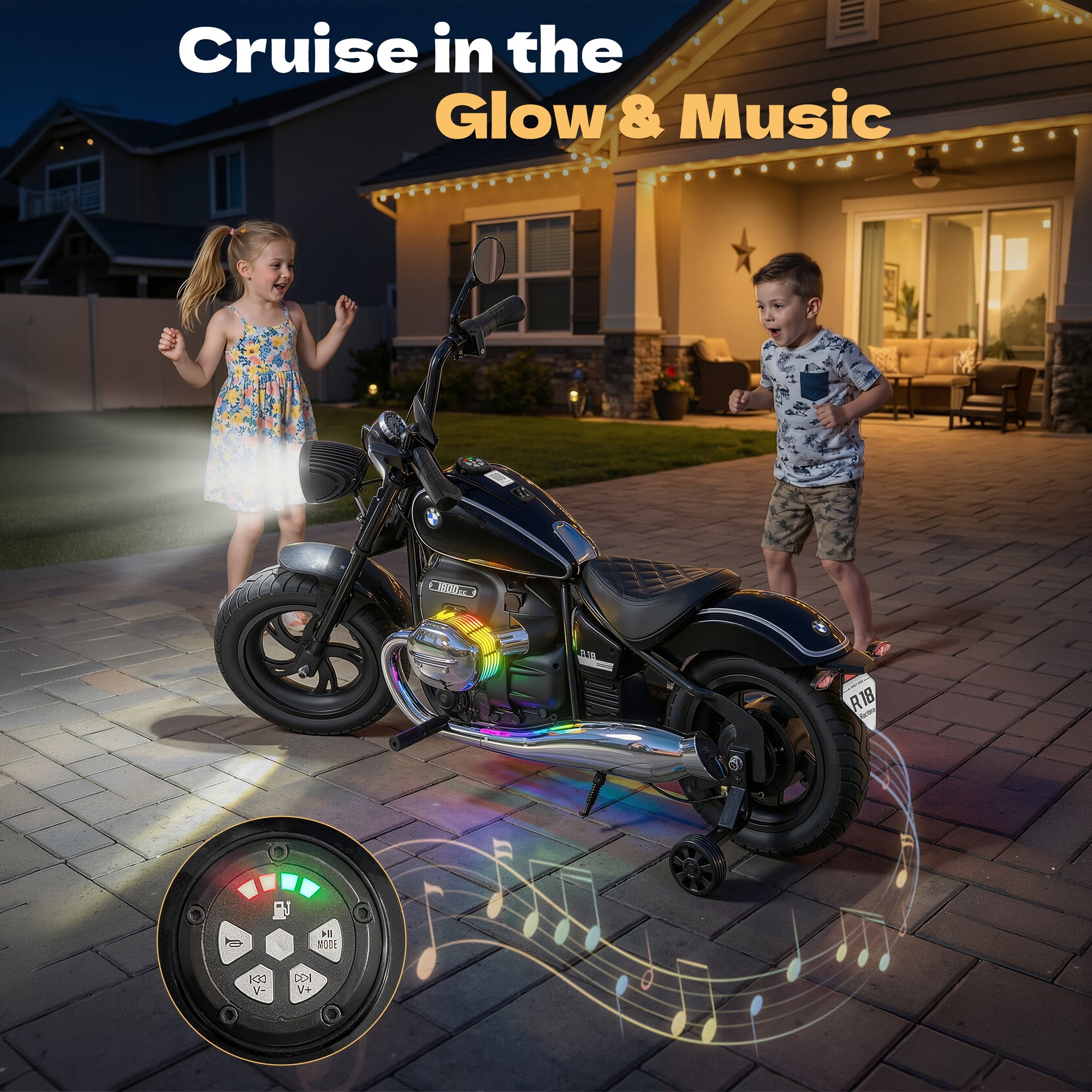 Anpabo 24V Kids Electric Motorcycle: Licensed BMW R18, 143 lbs Capacity, Dual Speed-black