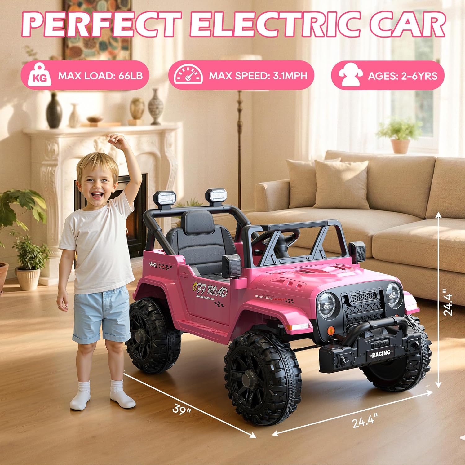 12V Kids Jeep Ride-On Car with RC, Bluetooth & LED Lights-pink