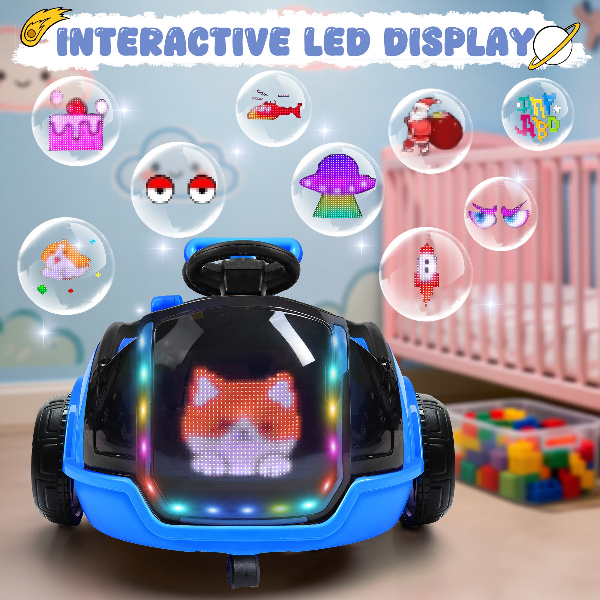 ANPABO 3-in-1 12V Electric Ride-On Car with Push Handle & Interactive LED Screen – Blue