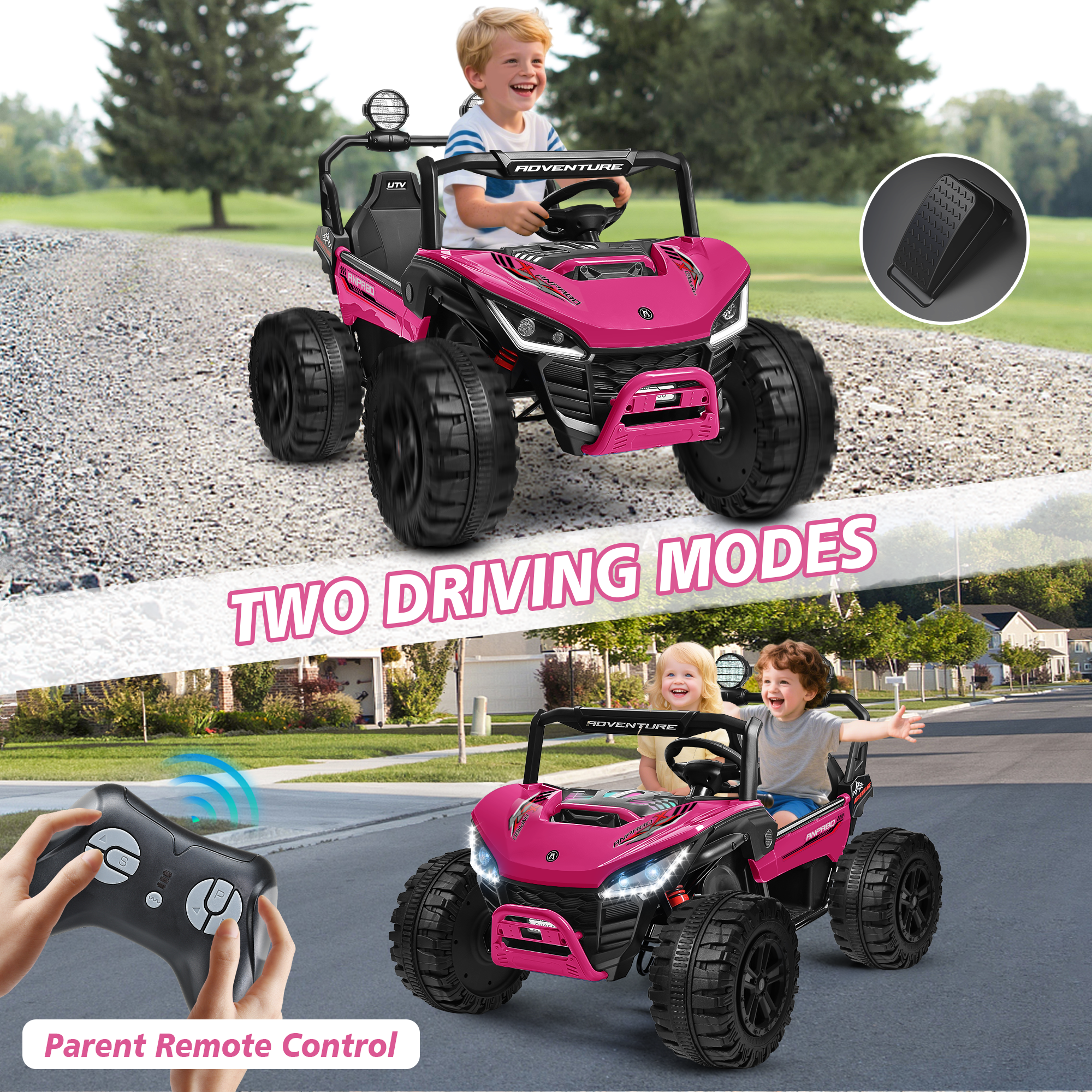 ANPABO All-Terrain 24V Ride-on Buggy UTV 4WD with Remote-Rose Red