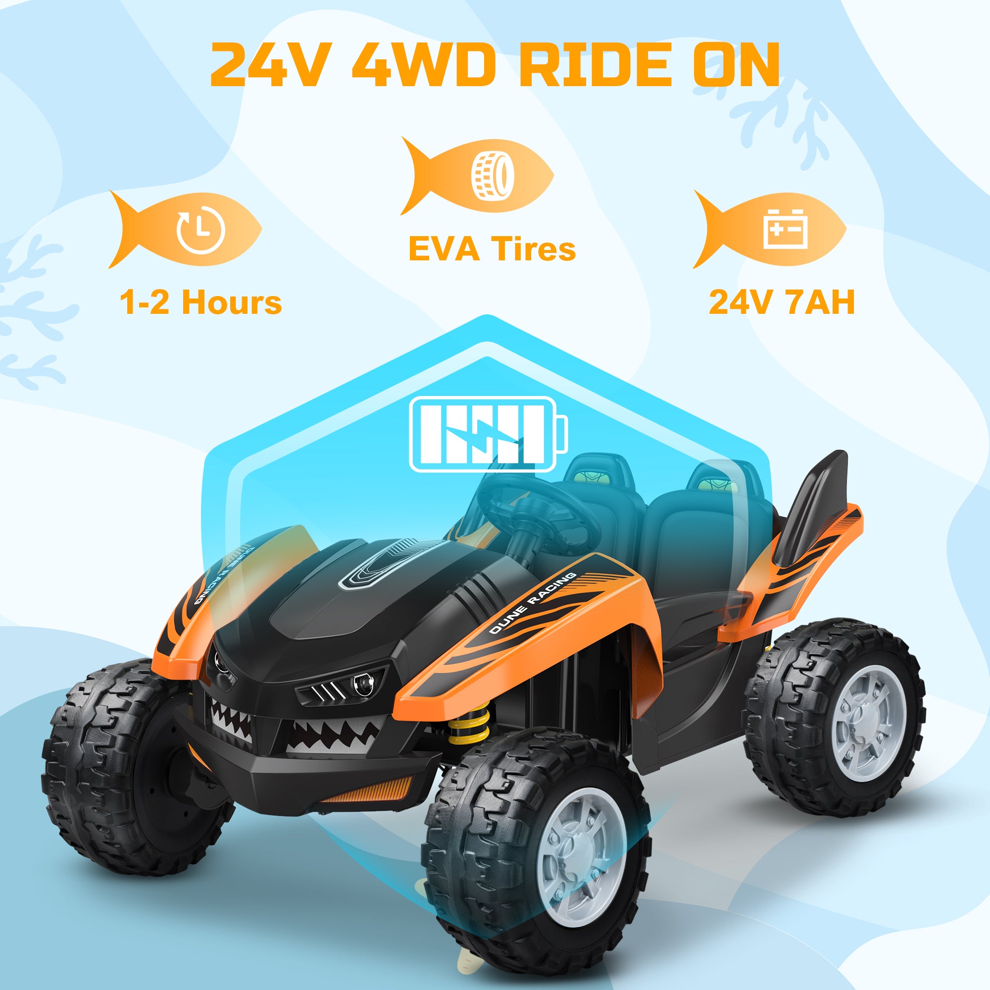 ANPABO Bionic Shark 24V Ride-on UTV 2-Seater Dune Racer with Remote -orange