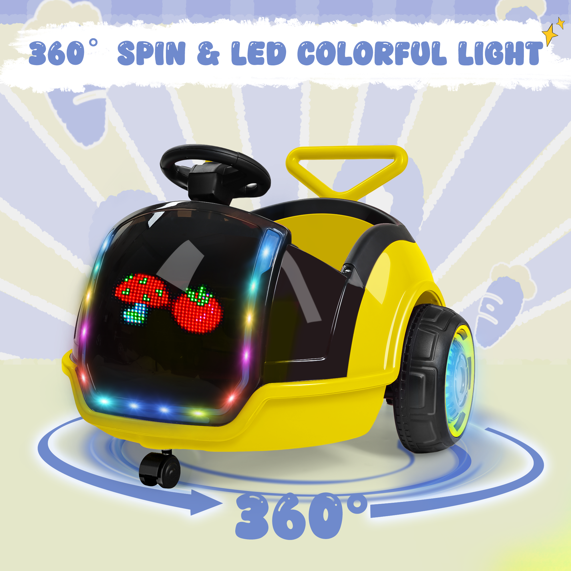 12V 3-in-1 Push Ride On with small LED Display-yellow（UPC:B0FR8N7X5H）