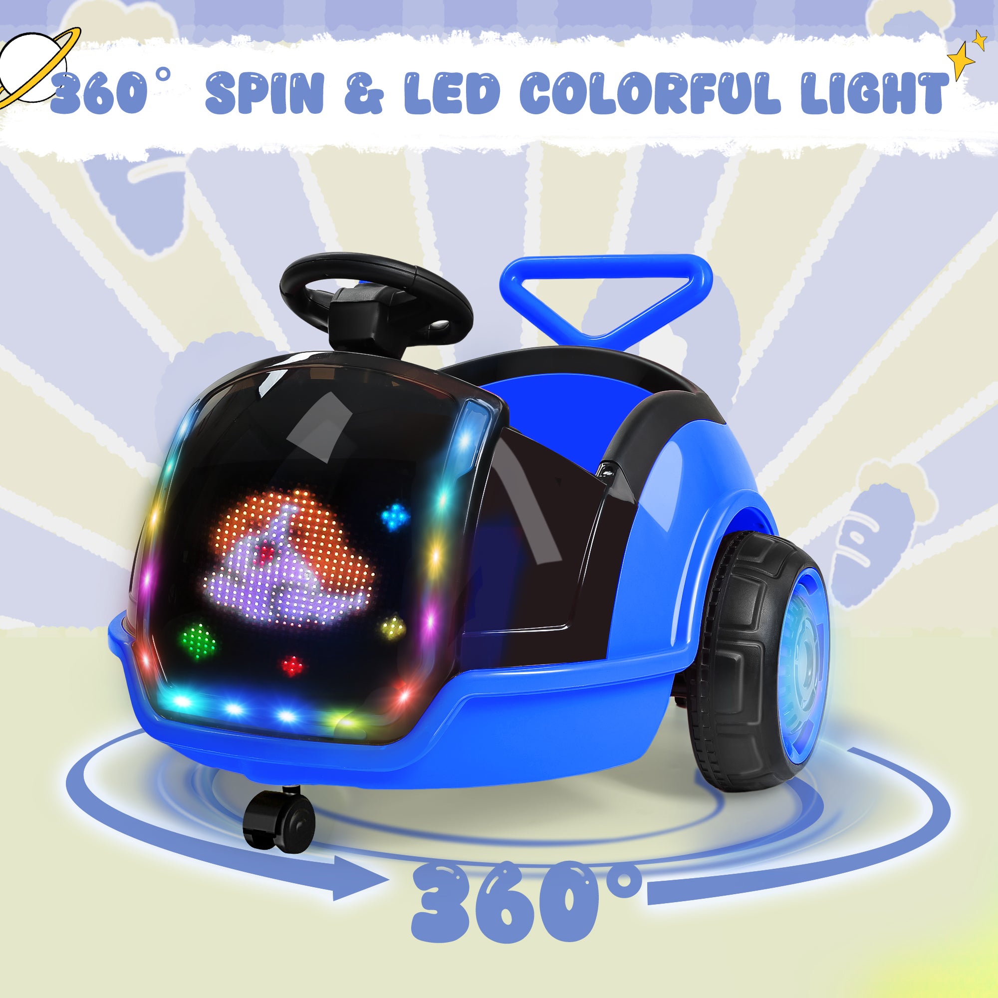 ANPABO 3-in-1 12V Electric Ride-On Car with Push Handle & Interactive LED Screen – Blue