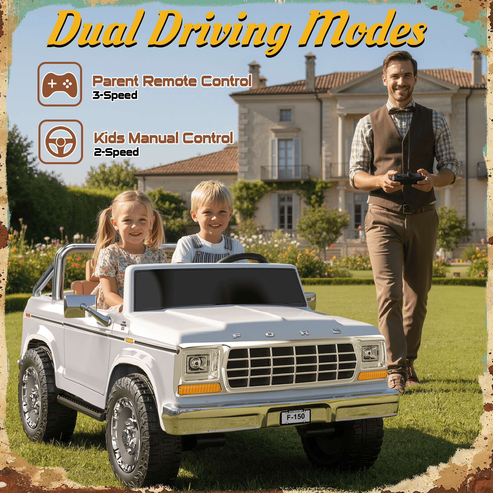 24V Classic Ford F-150: White Retro Legend, Ready for Dual Adventures-white