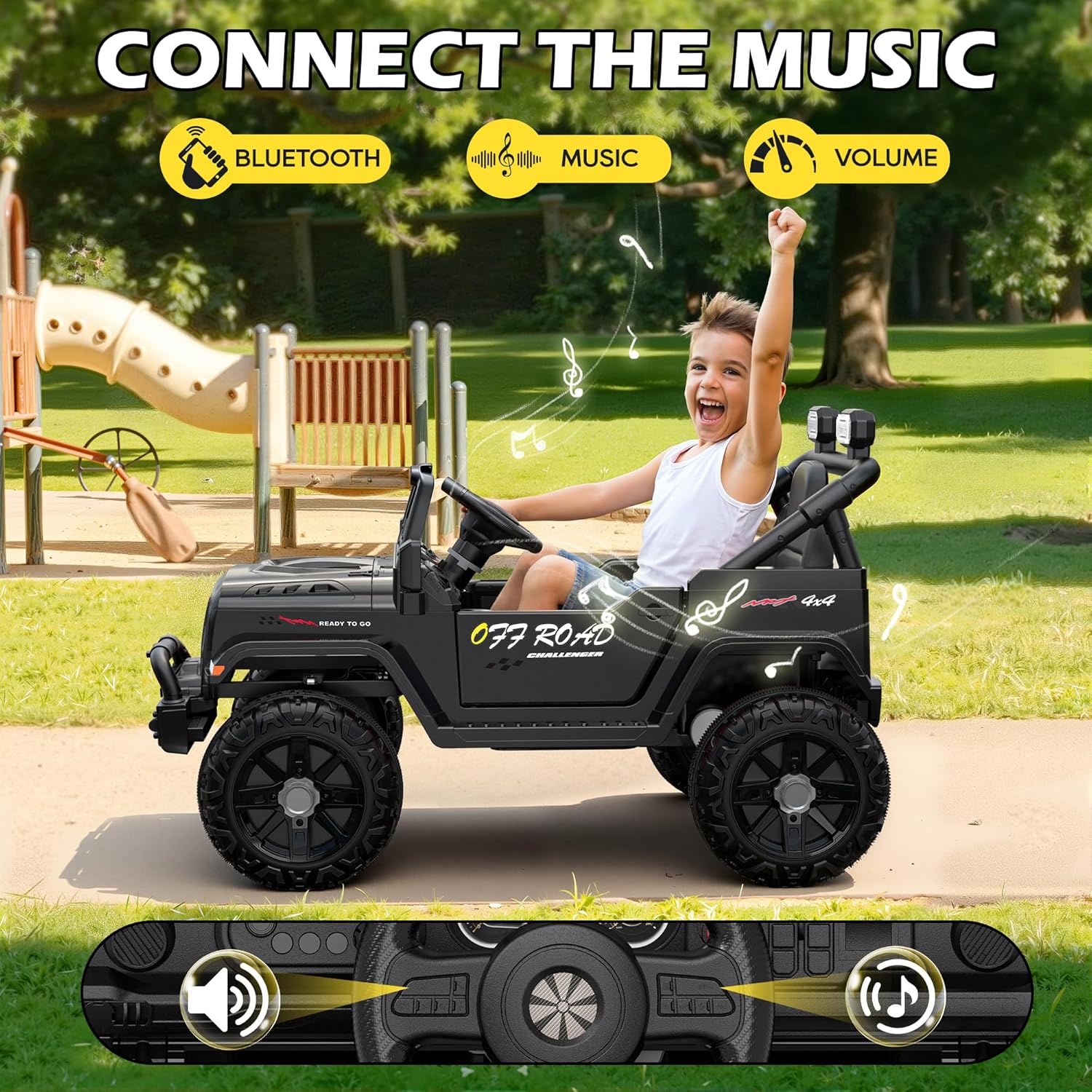 12V Kids Jeep Ride-On Car with RC, Bluetooth & LED Lights-black