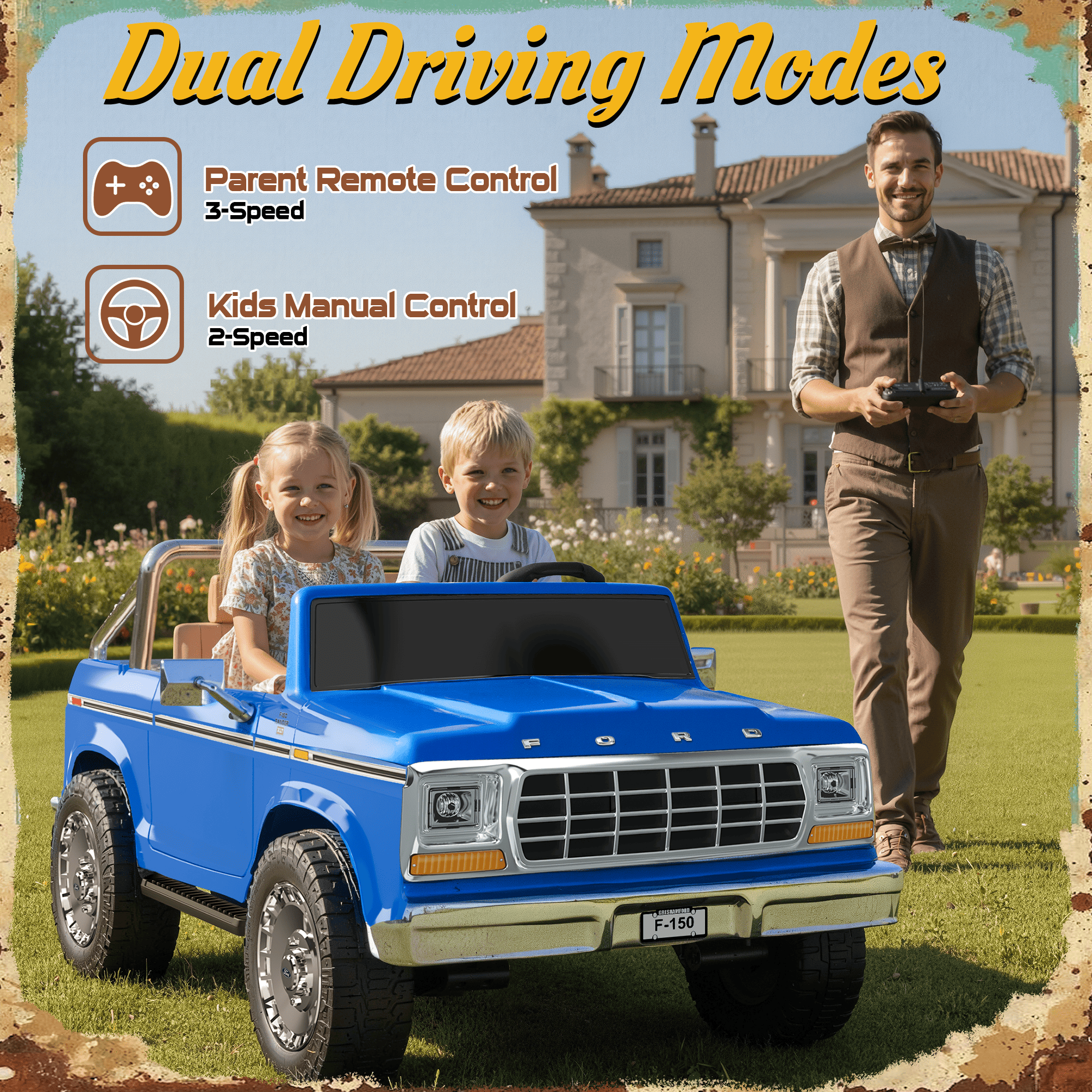 24V Classic Ford F-150: Blue Retro Legend, Ready for Dual Adventures-blue