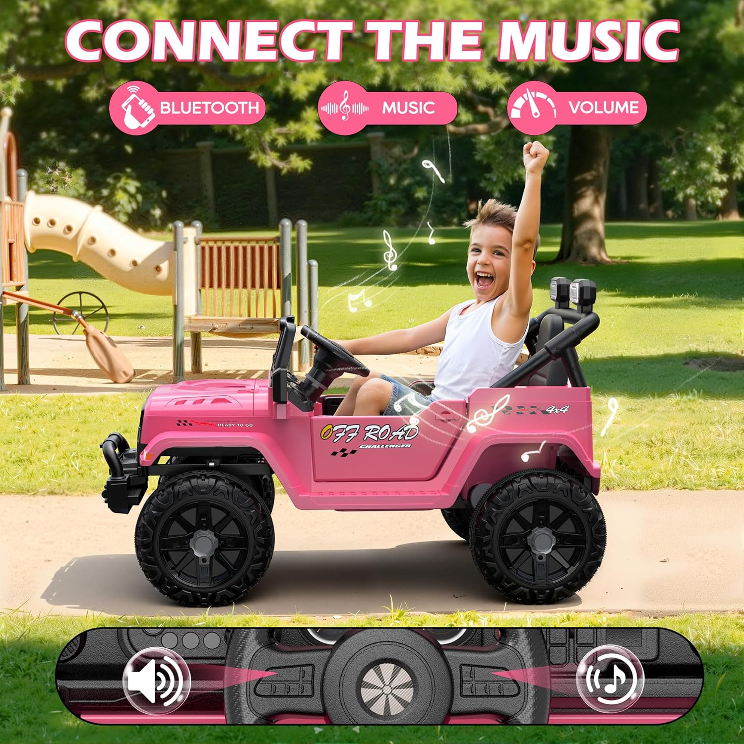 12V Kids Jeep Ride-On Car with RC, Bluetooth & LED Lights-pink