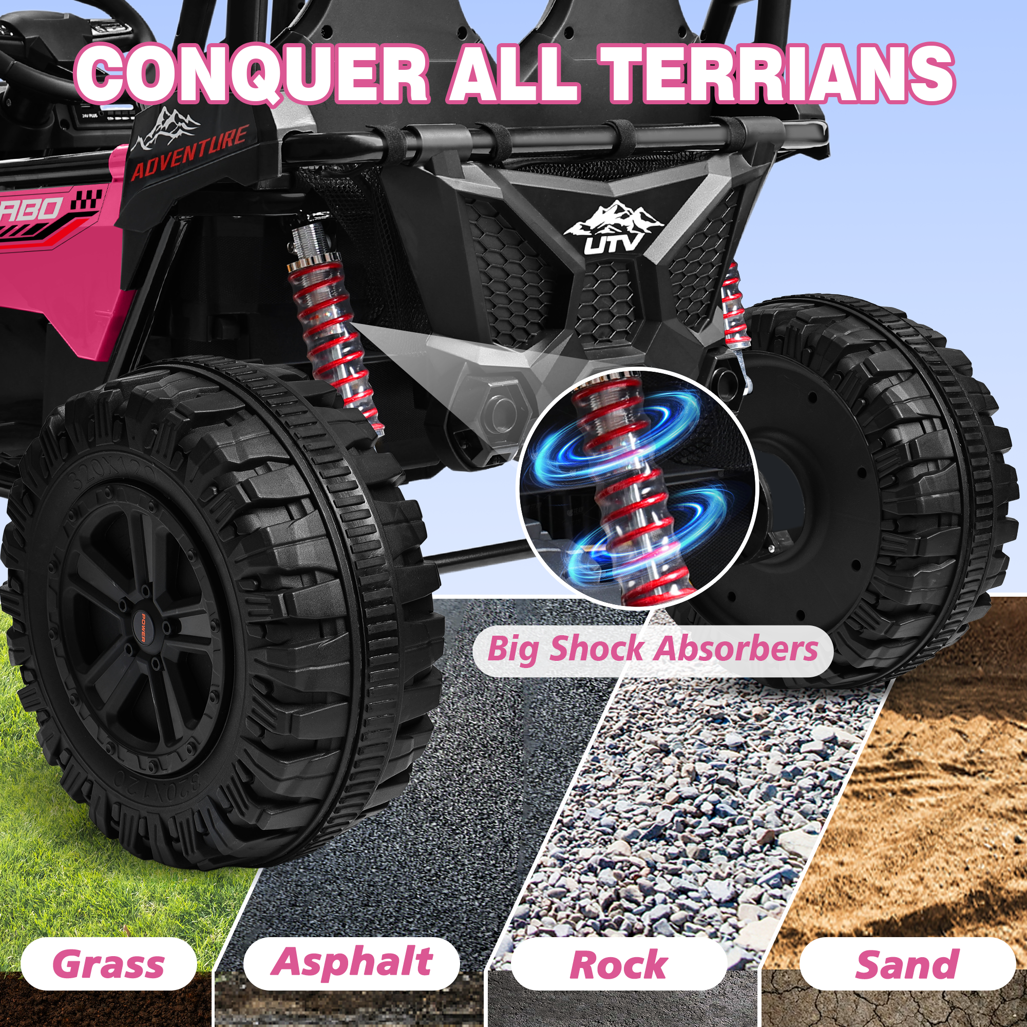 ANPABO All-Terrain 24V Ride-on Buggy UTV 4WD with Remote-Rose Red