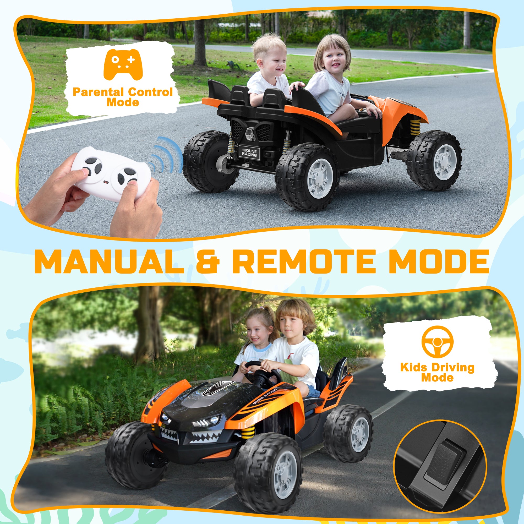 ANPABO Bionic Shark 24V Ride-on UTV 2-Seater Dune Racer with Remote -orange