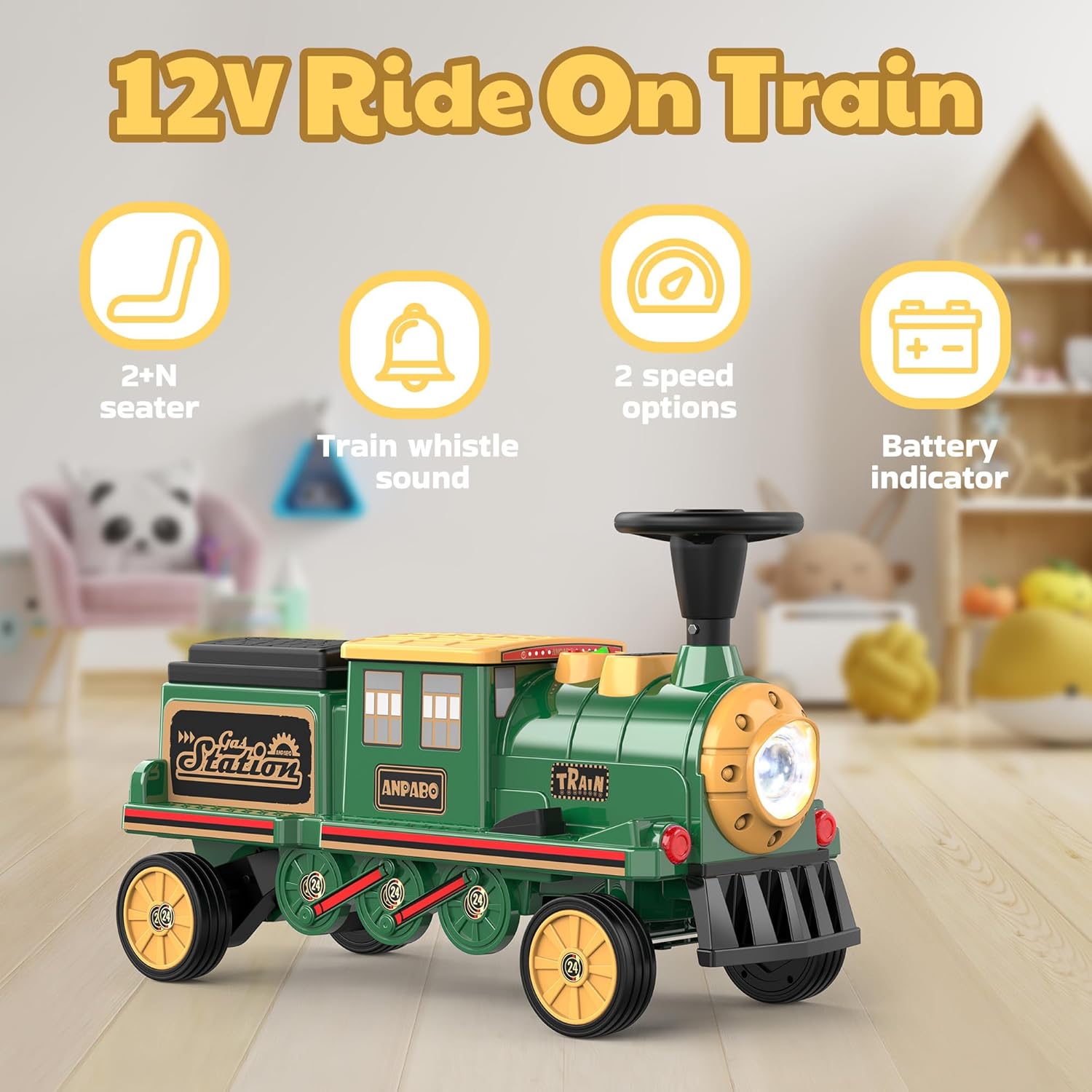 Trackless 12V Electric Ride-On Train 2-Seater with Rubber Tires – Green