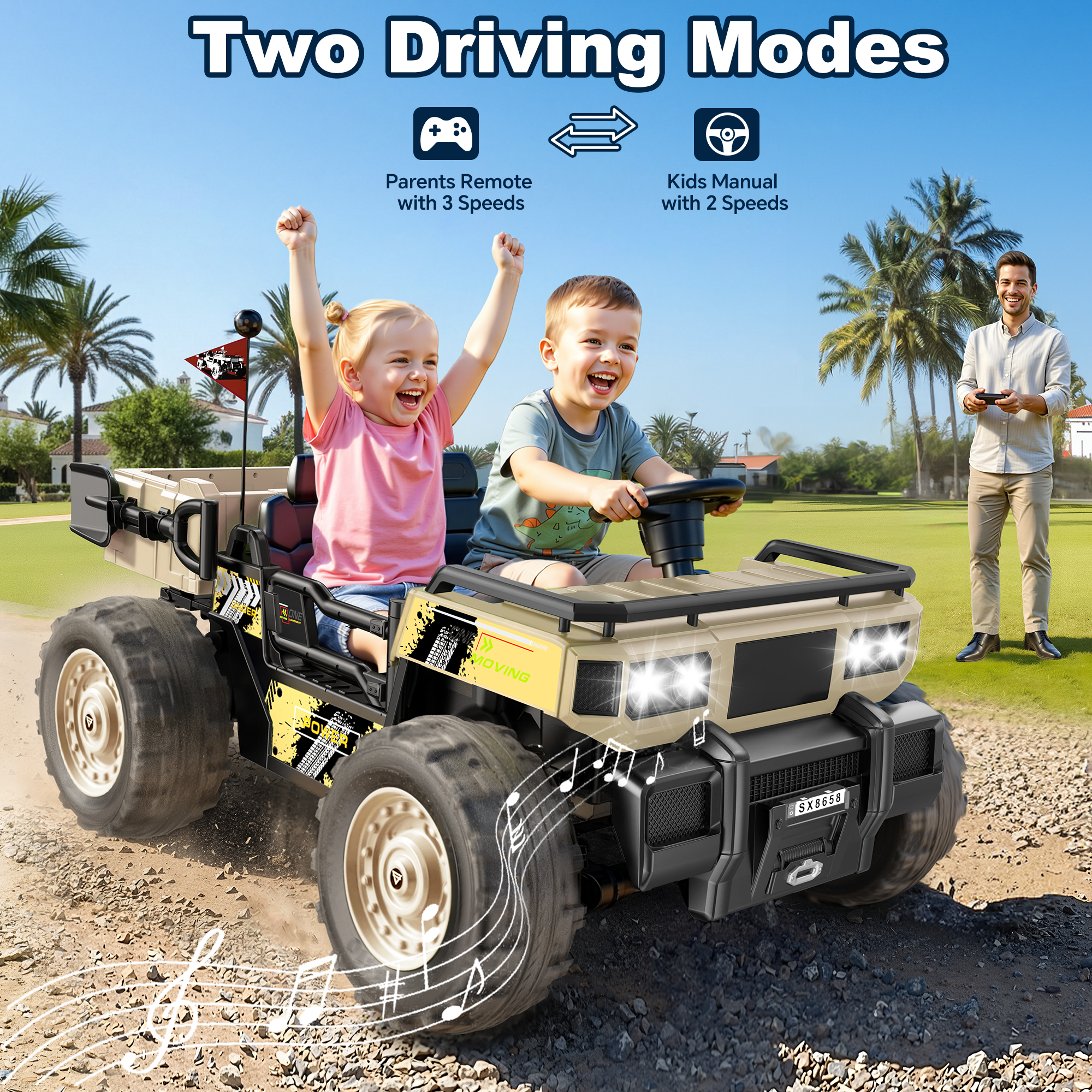 Anpabo 24V Kids Military Dumper: 4WD Auto-Lift Bed, 132 lbs Capacity, 2-Seater-beige