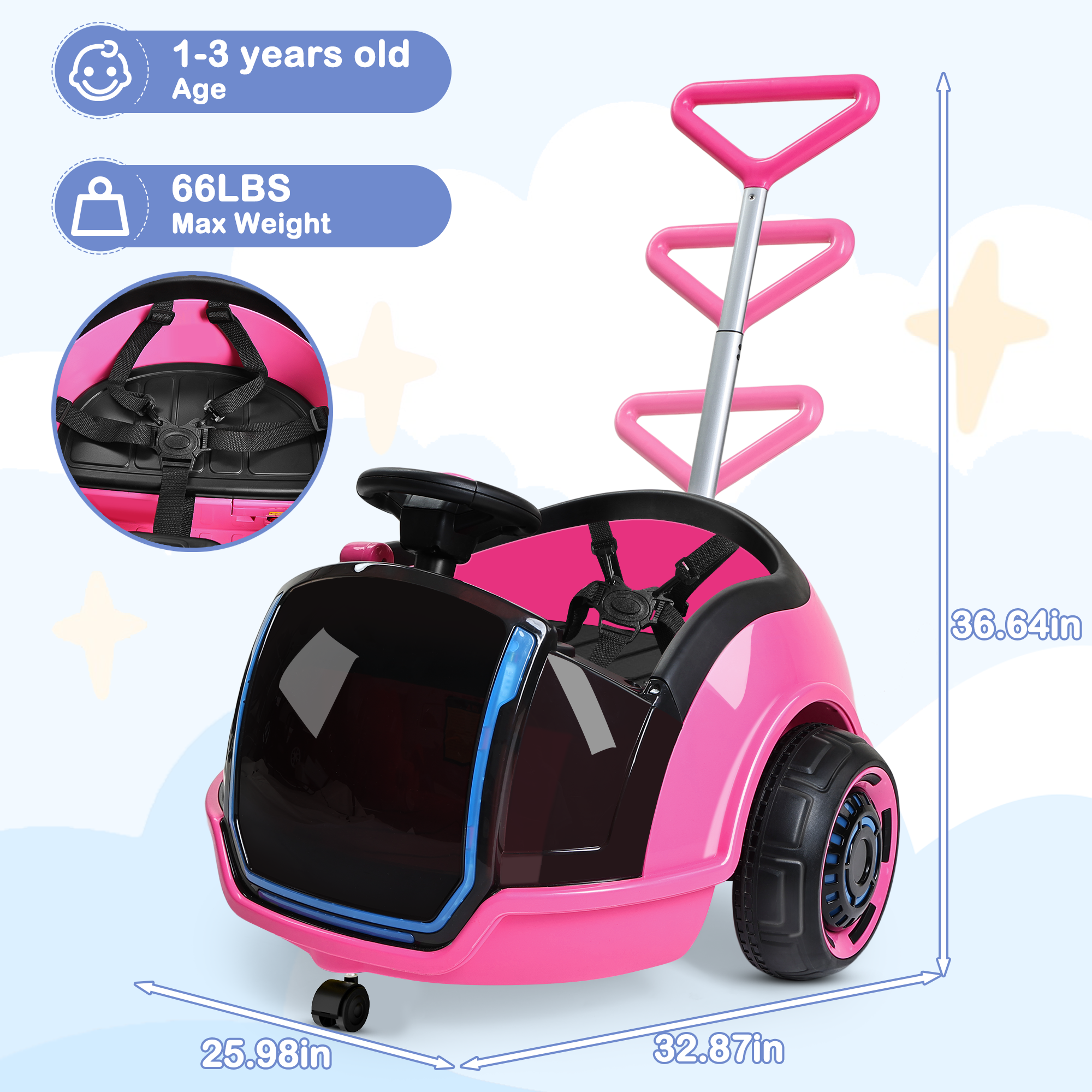 12V 3-in-1 Push Ride On Car with Adjustable Handle & Remote – Pink