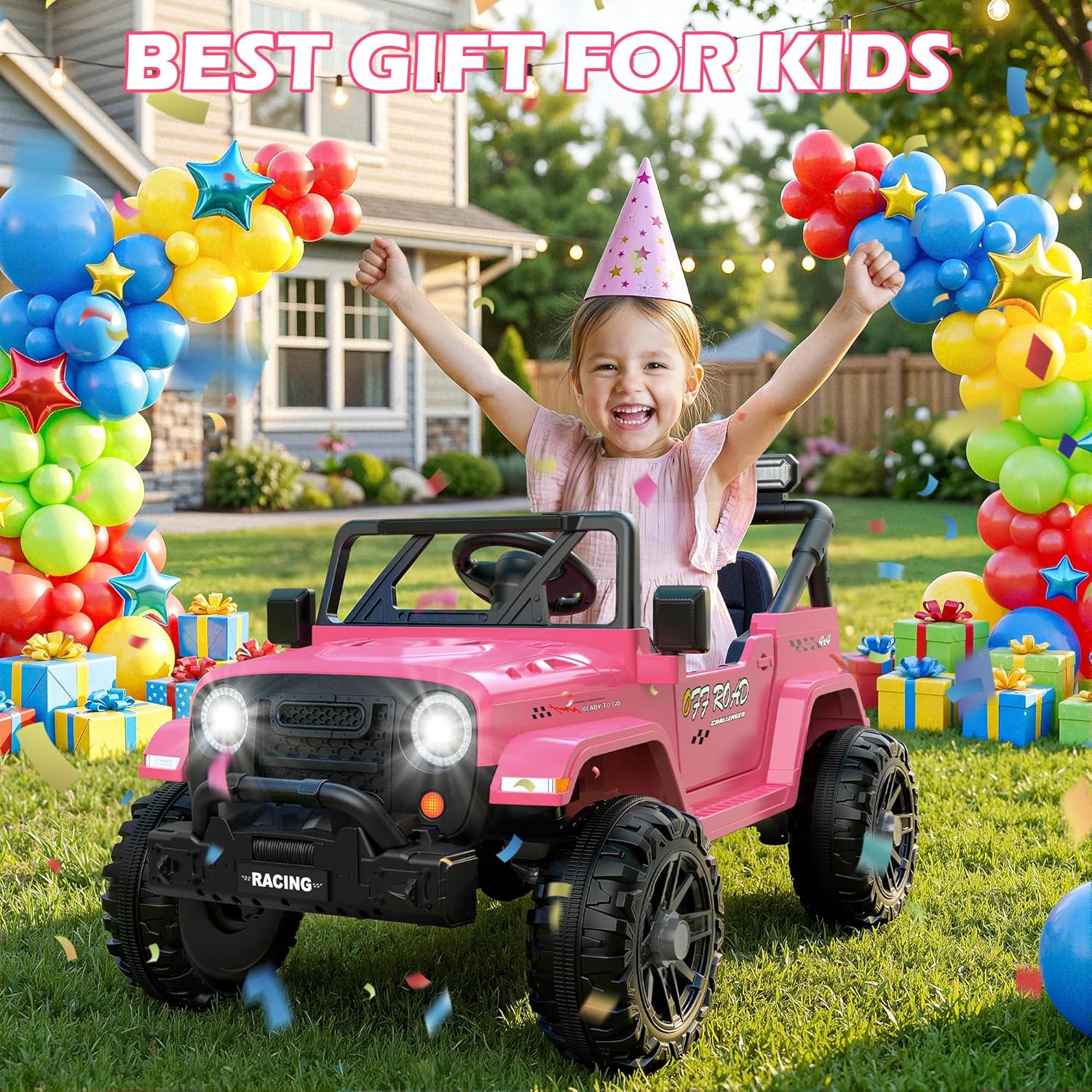 12V Kids Jeep Ride-On Car with RC, Bluetooth & LED Lights-pink