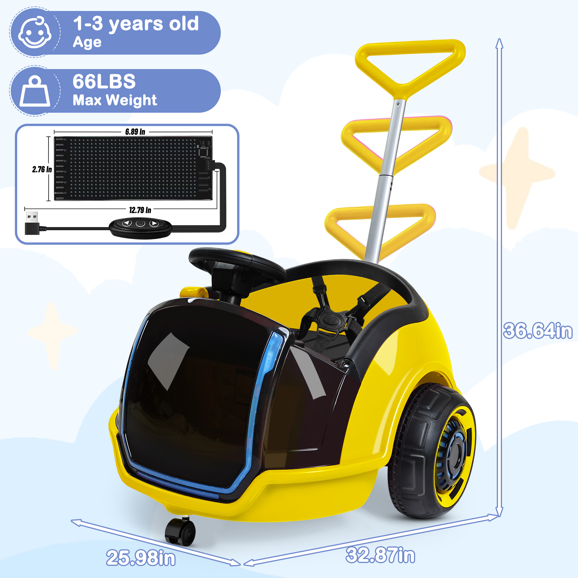 12V 3-in-1 Push Ride On with small LED Display-yellow（UPC:B0FR8N7X5H）