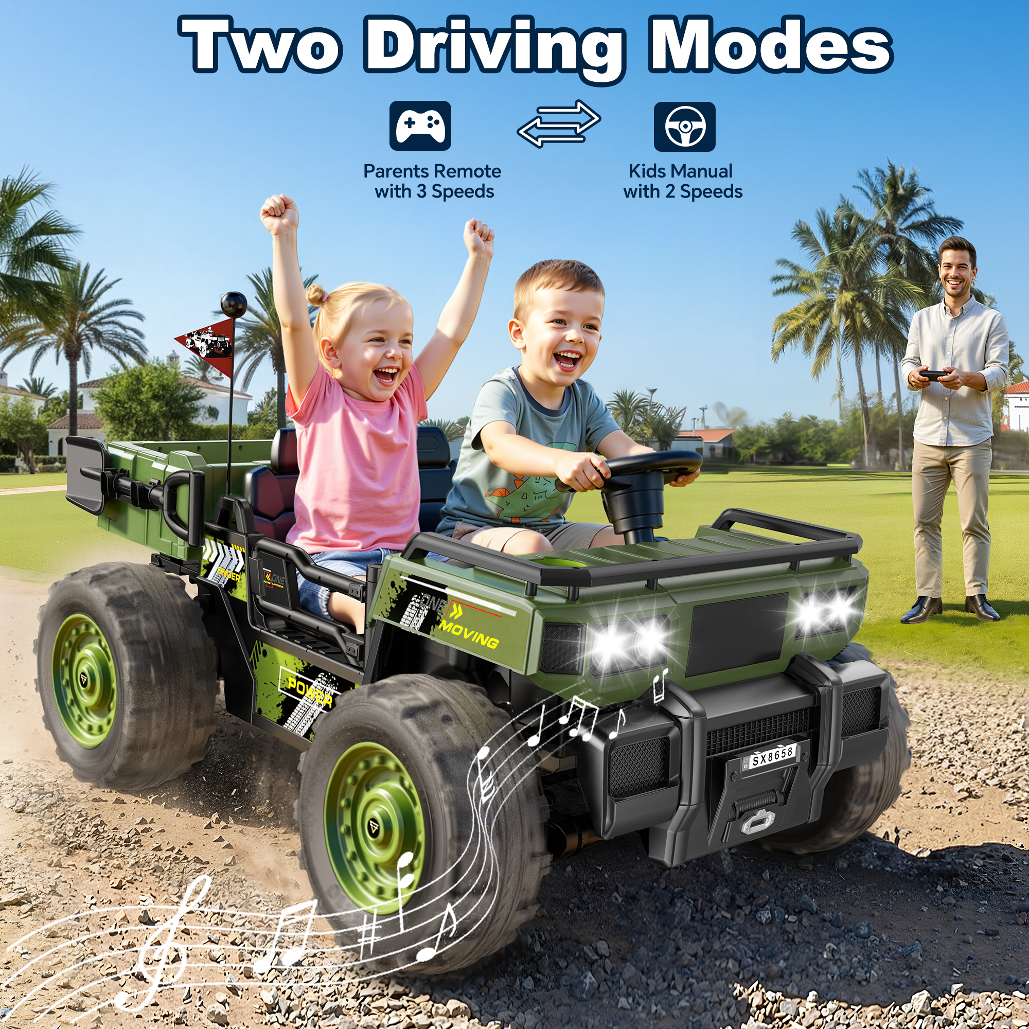 Anpabo 24V Kids Military Dumper: 4WD Auto-Lift Bed, 132 lbs Capacity, 2-Seater-Military Green