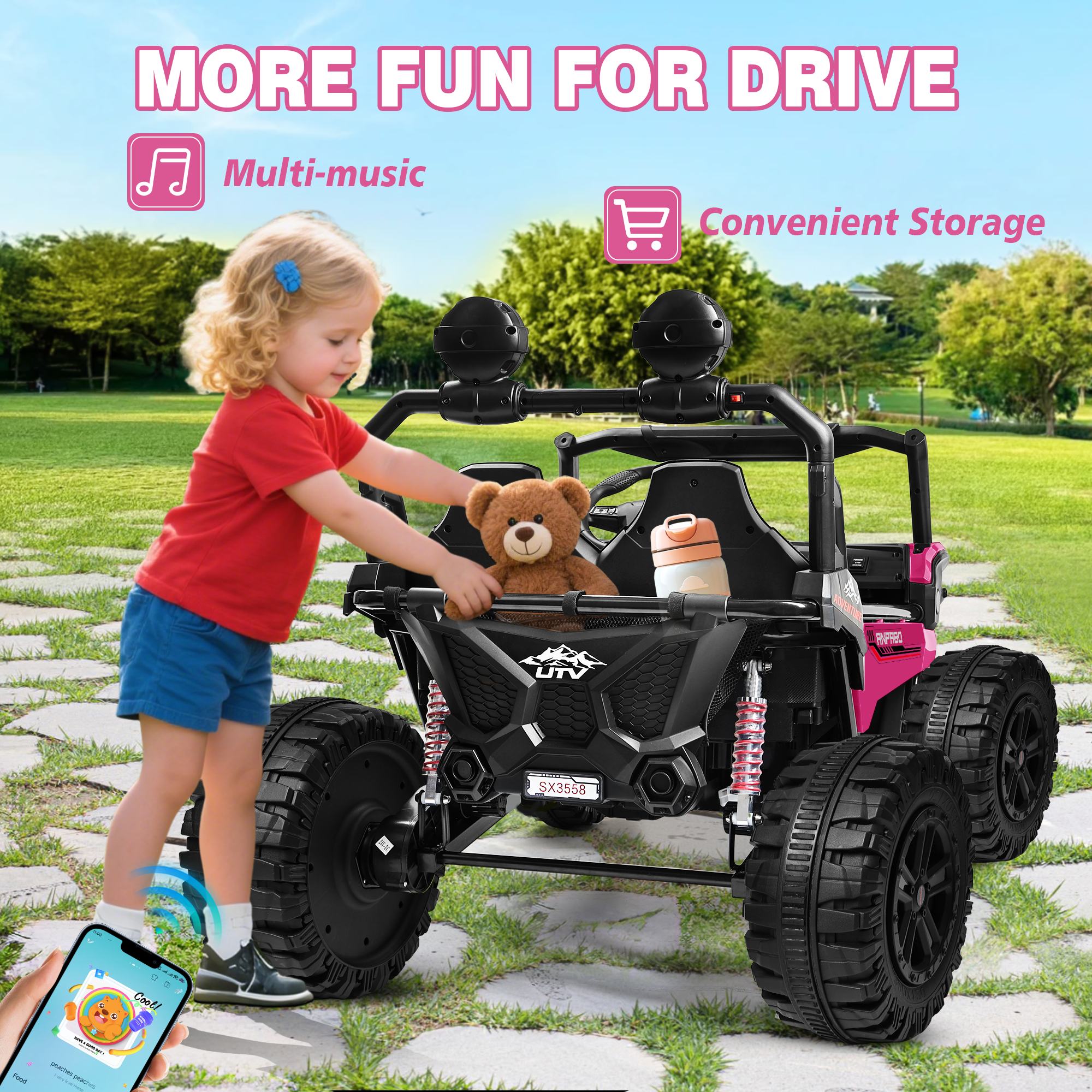 ANPABO All-Terrain 24V Ride-on Buggy UTV 4WD with Remote-Rose Red