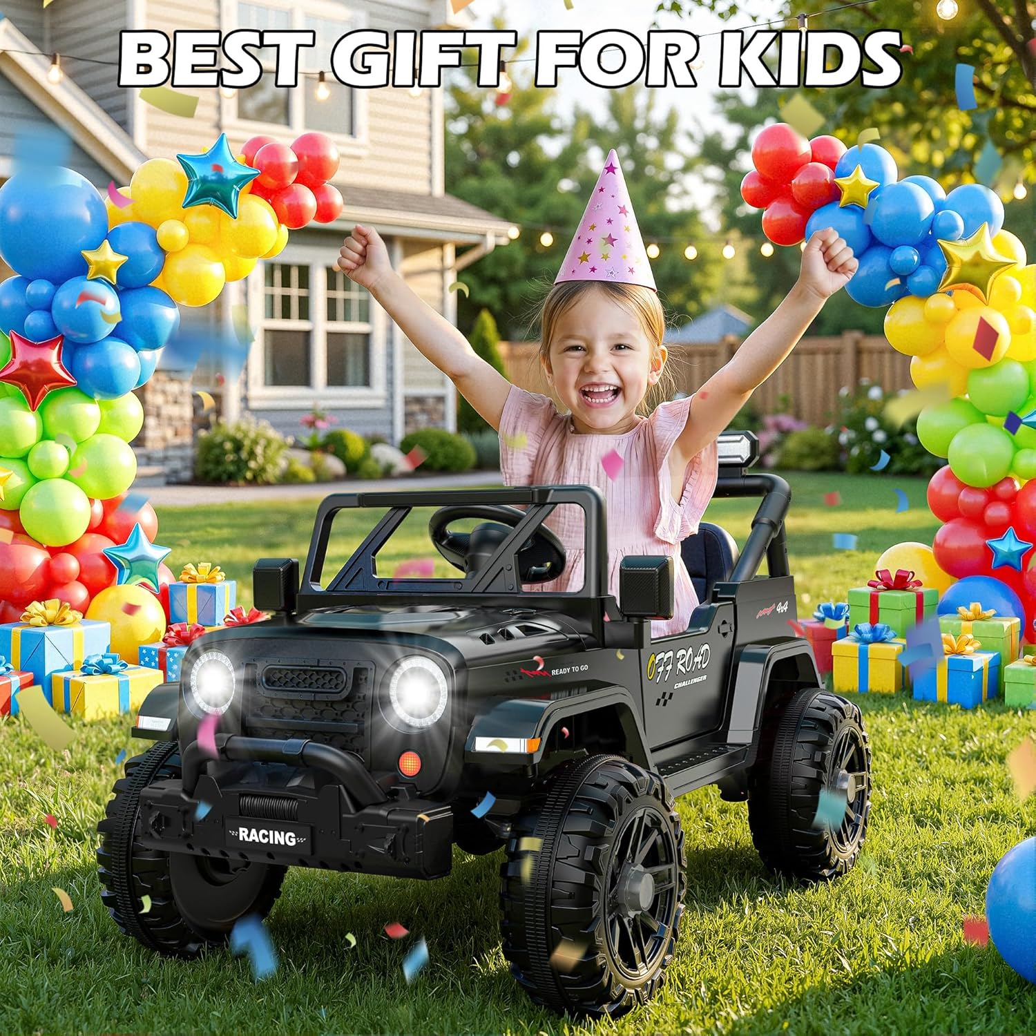 12V Kids Jeep Ride-On Car with RC, Bluetooth & LED Lights-black