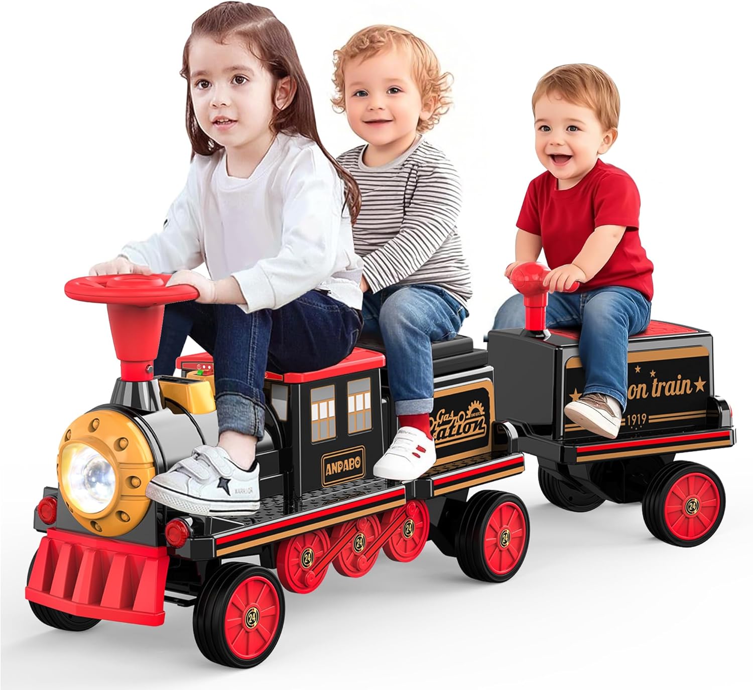 12V Trackless Ride-On Train Set: Whistle, Light, & Storage-black