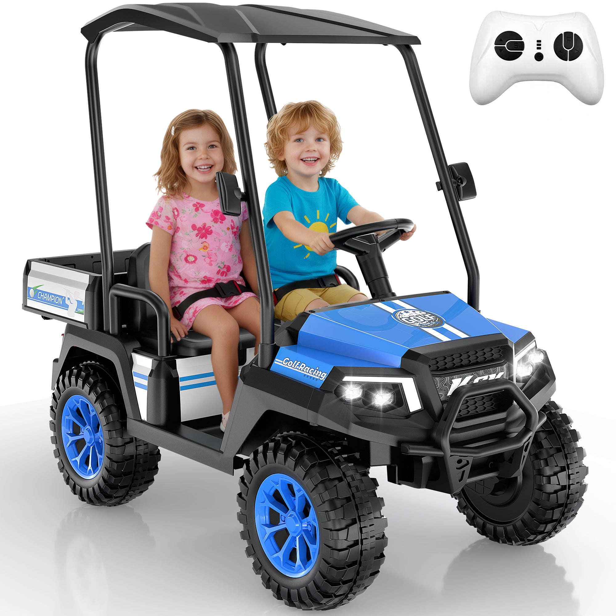 Kids 24V 4WD Ride-On Golf Cart with Awning-blue